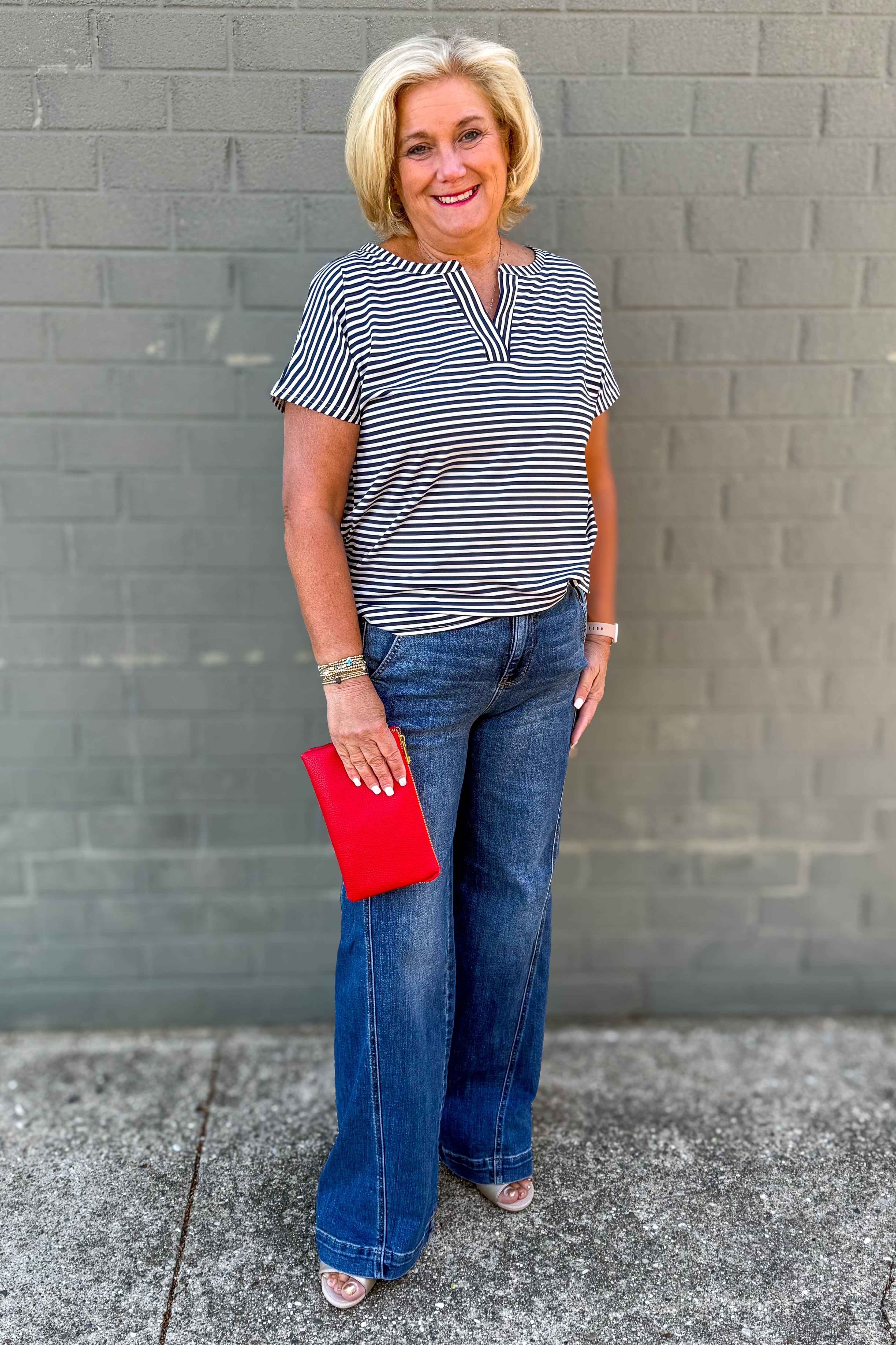Navy Stripe Split Neck Top styled