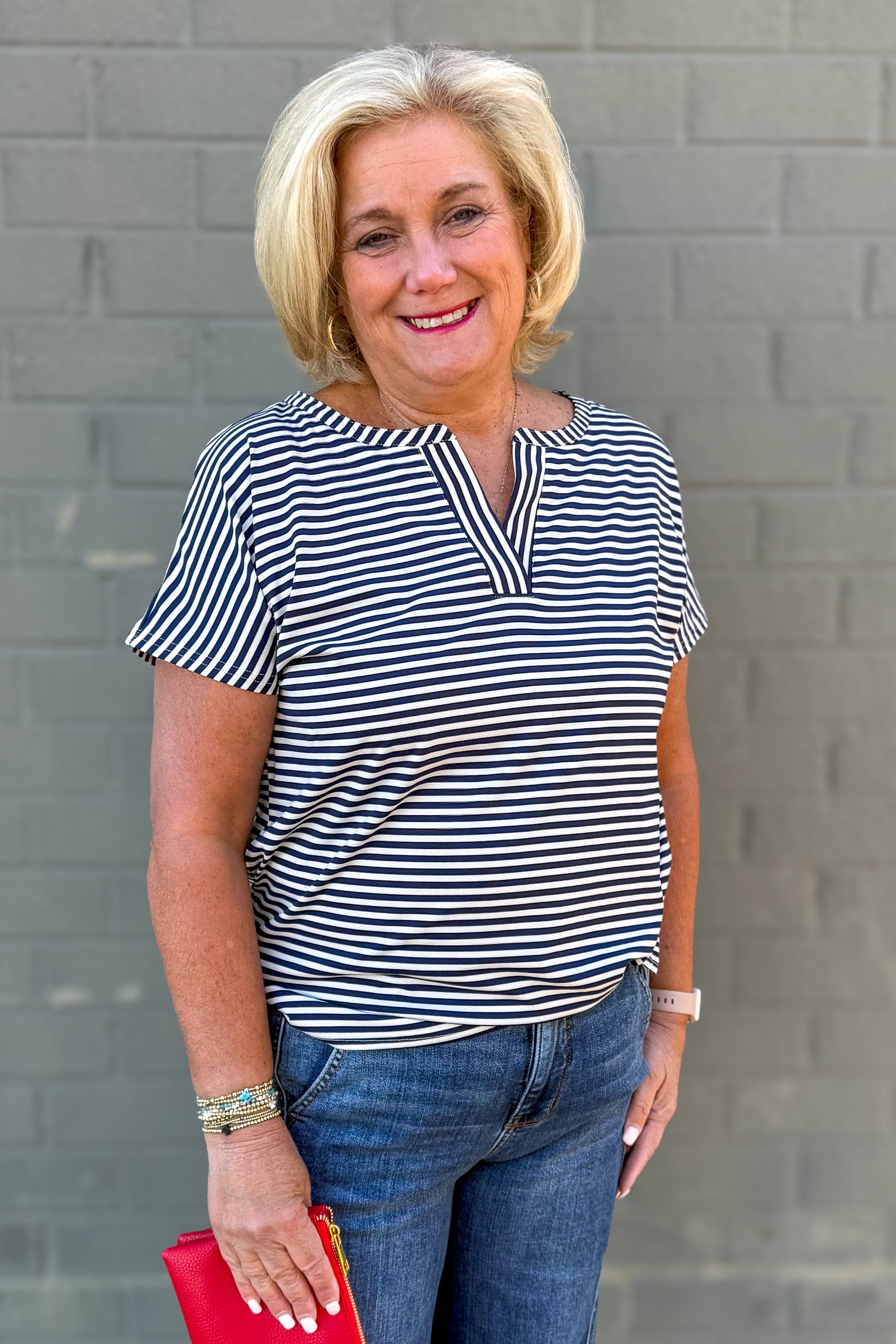 Navy Stripe Split Neck Top