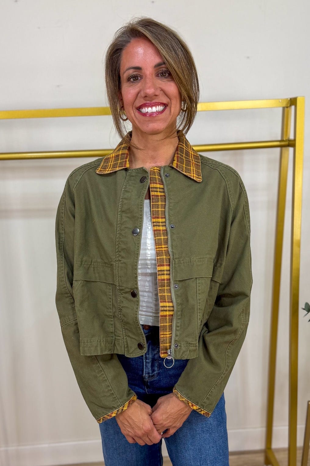 Camel & Olive Contrast Collar Barn Jacket