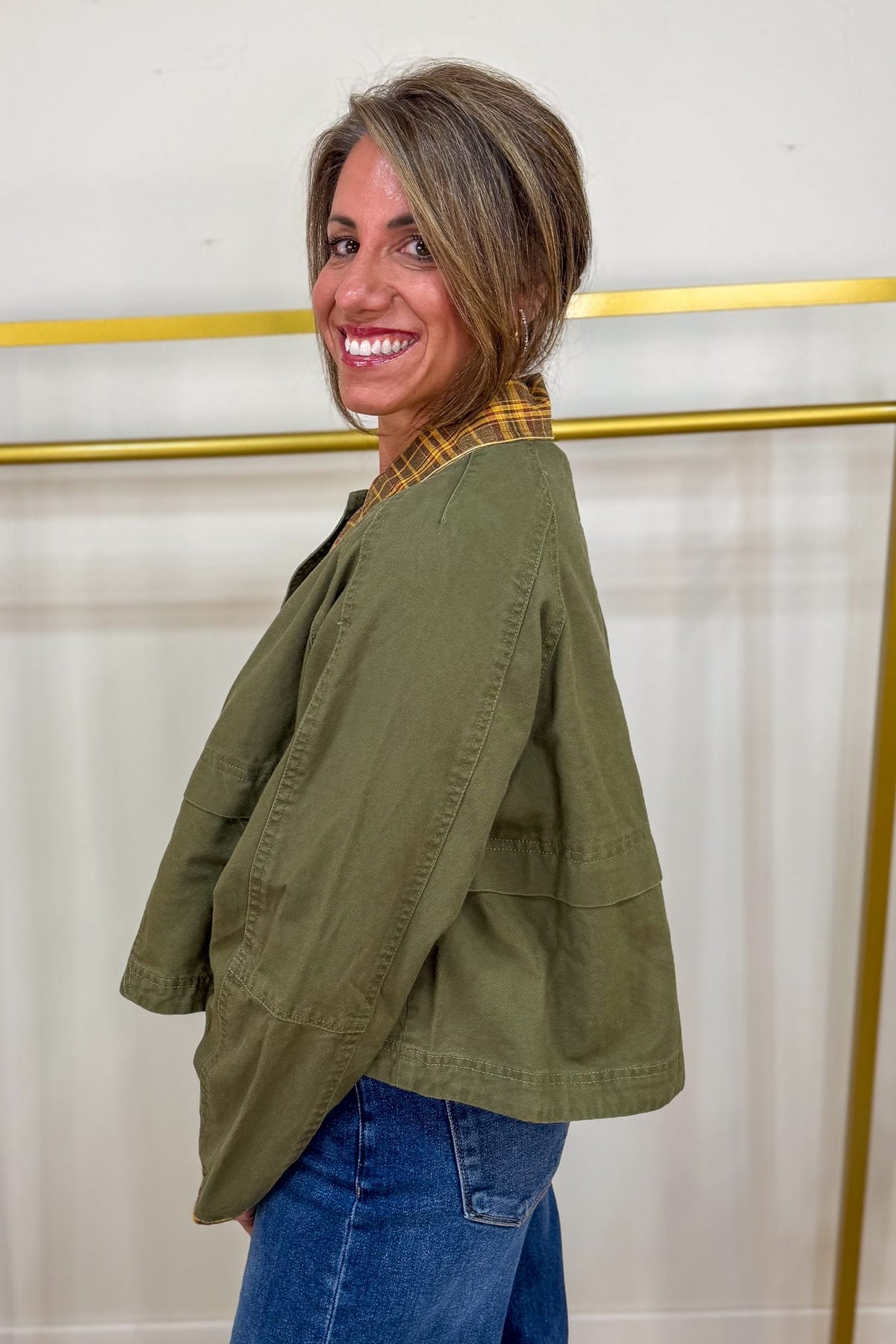 Camel & Olive Contrast Collar Barn Jacket