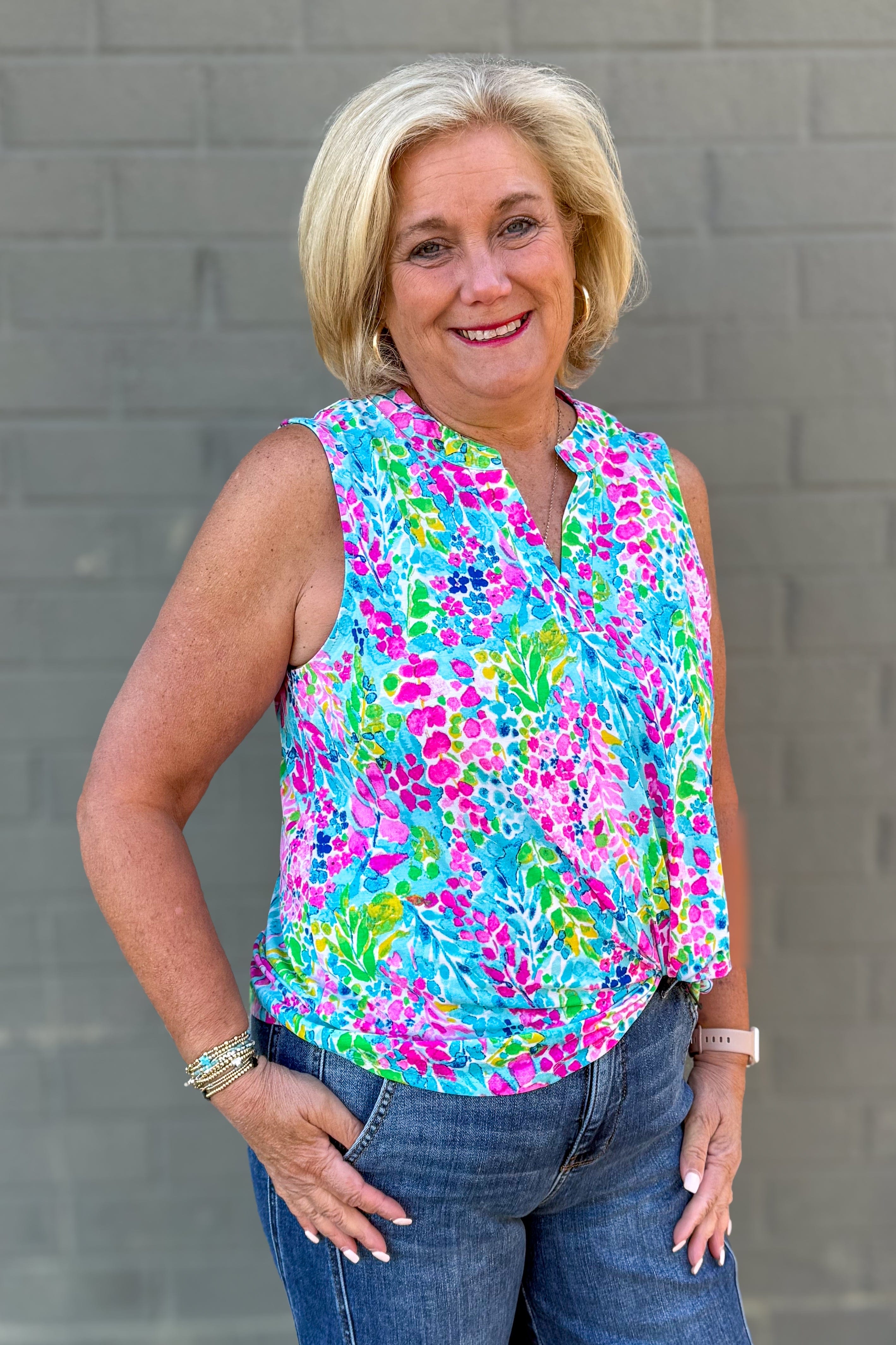 Mint & Pink Tropical Floral Lizzy Tank detailed