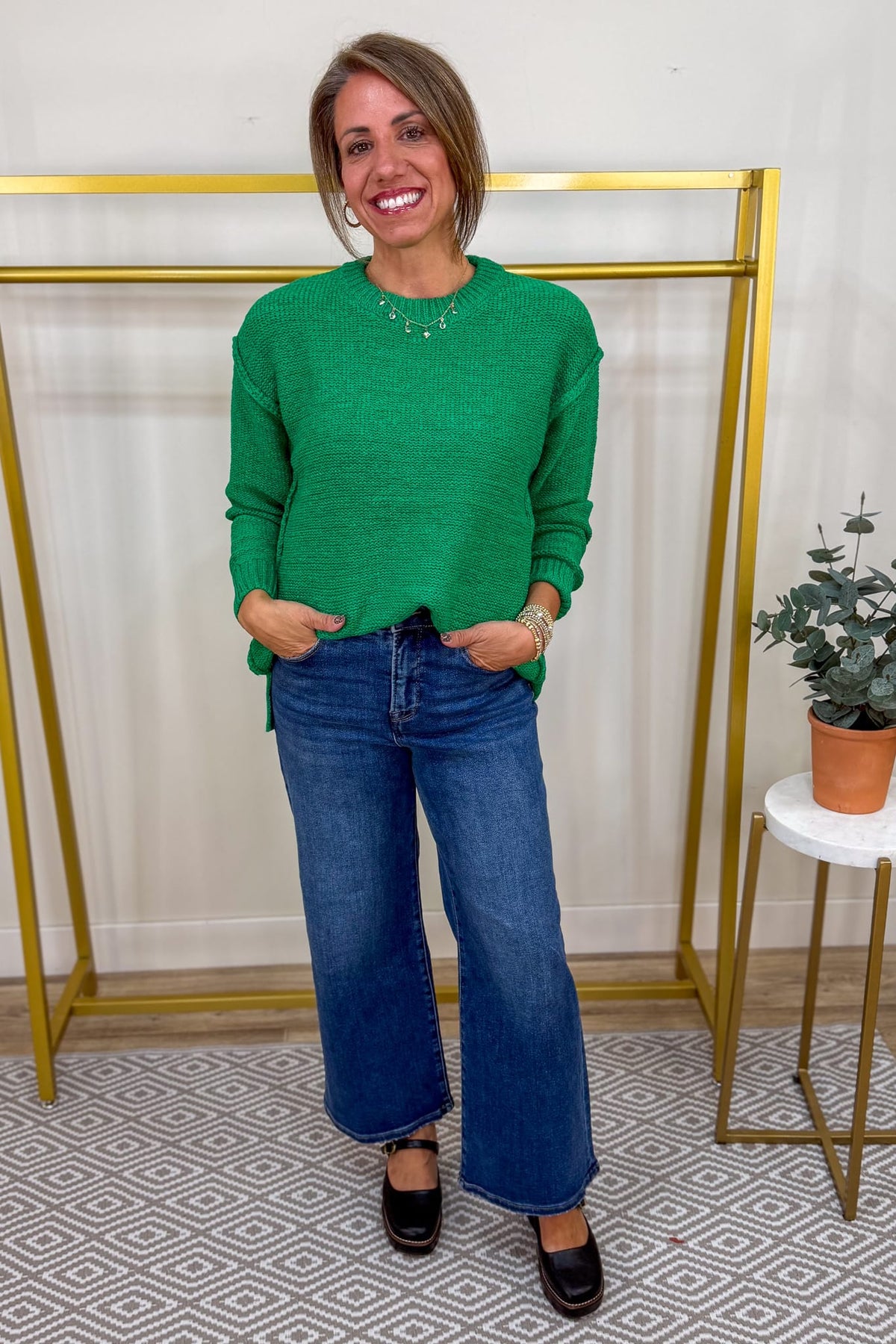 Kelly Green Exposed Seam Round Neck Sweater Styled
