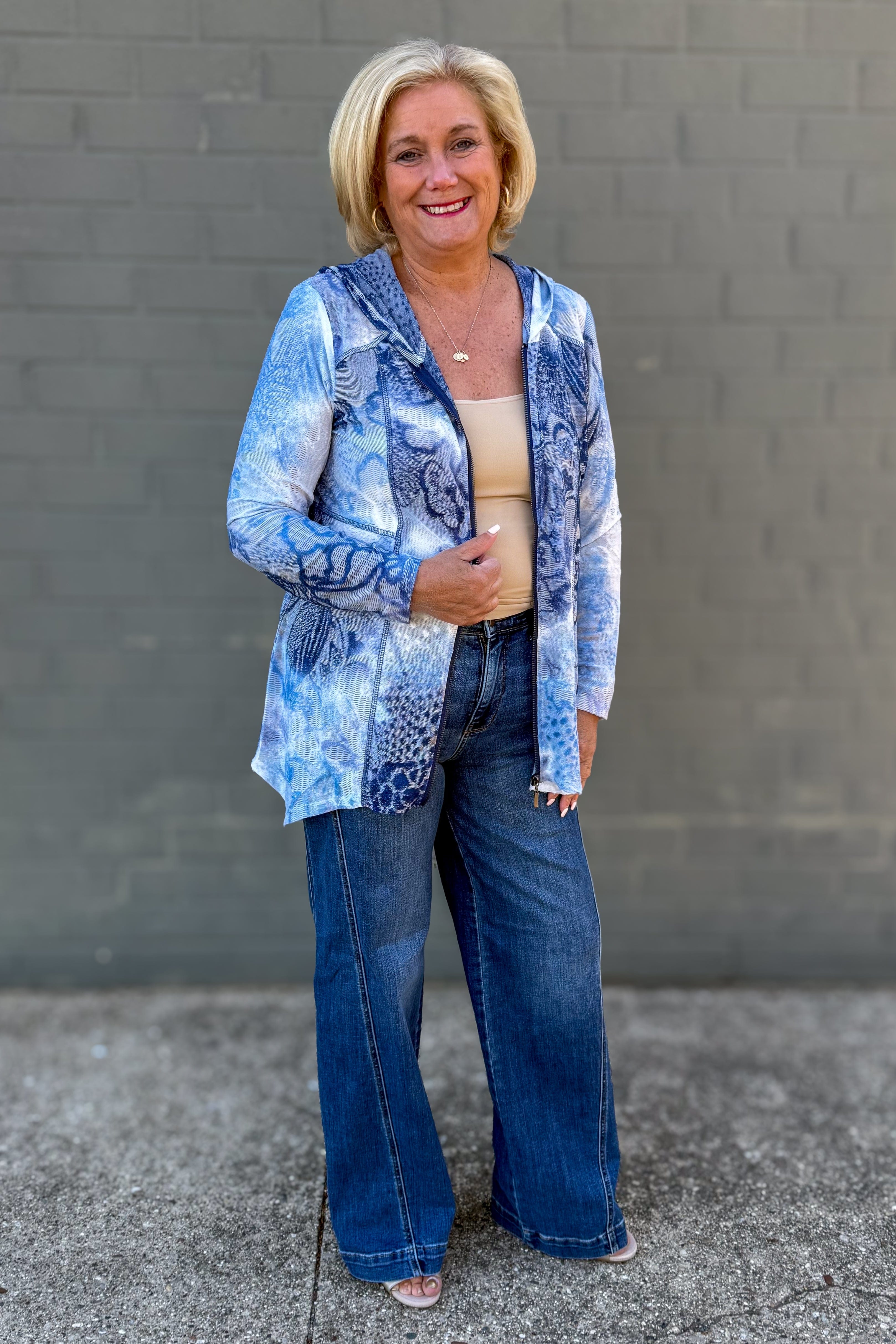 Sky Blue Zip Hooded Jacket styled