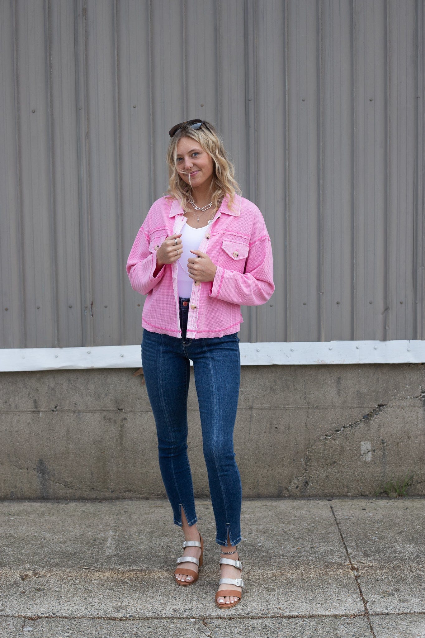Pink Crop Waffle Button Down Top