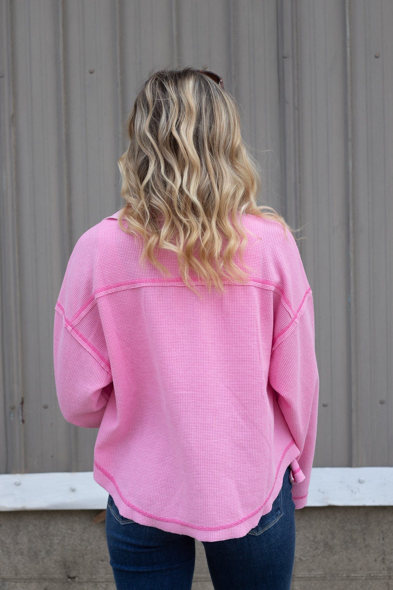 Pink Crop Waffle Button Down Top