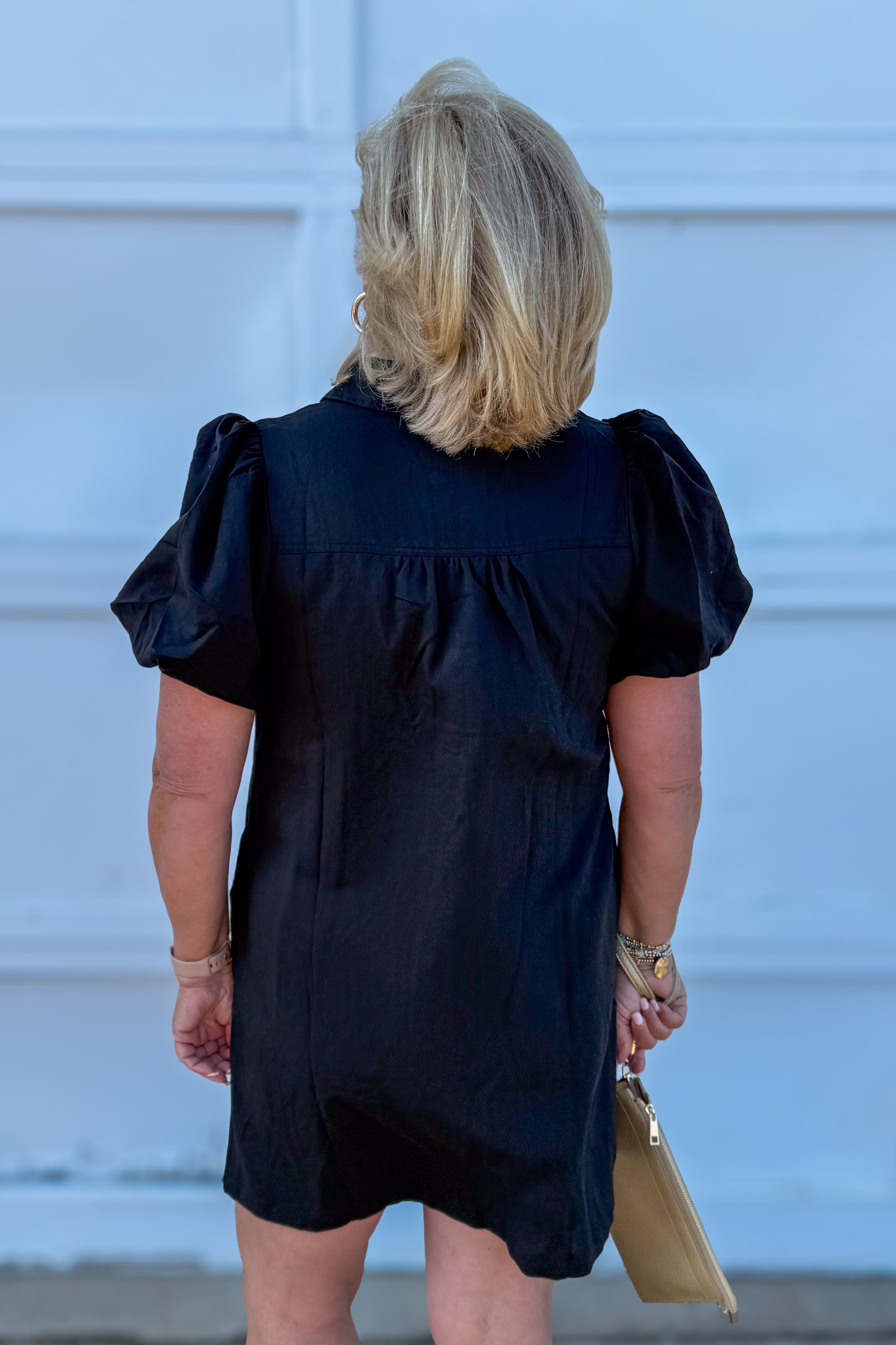Black Bow Detail Puff Sleeve Dress back