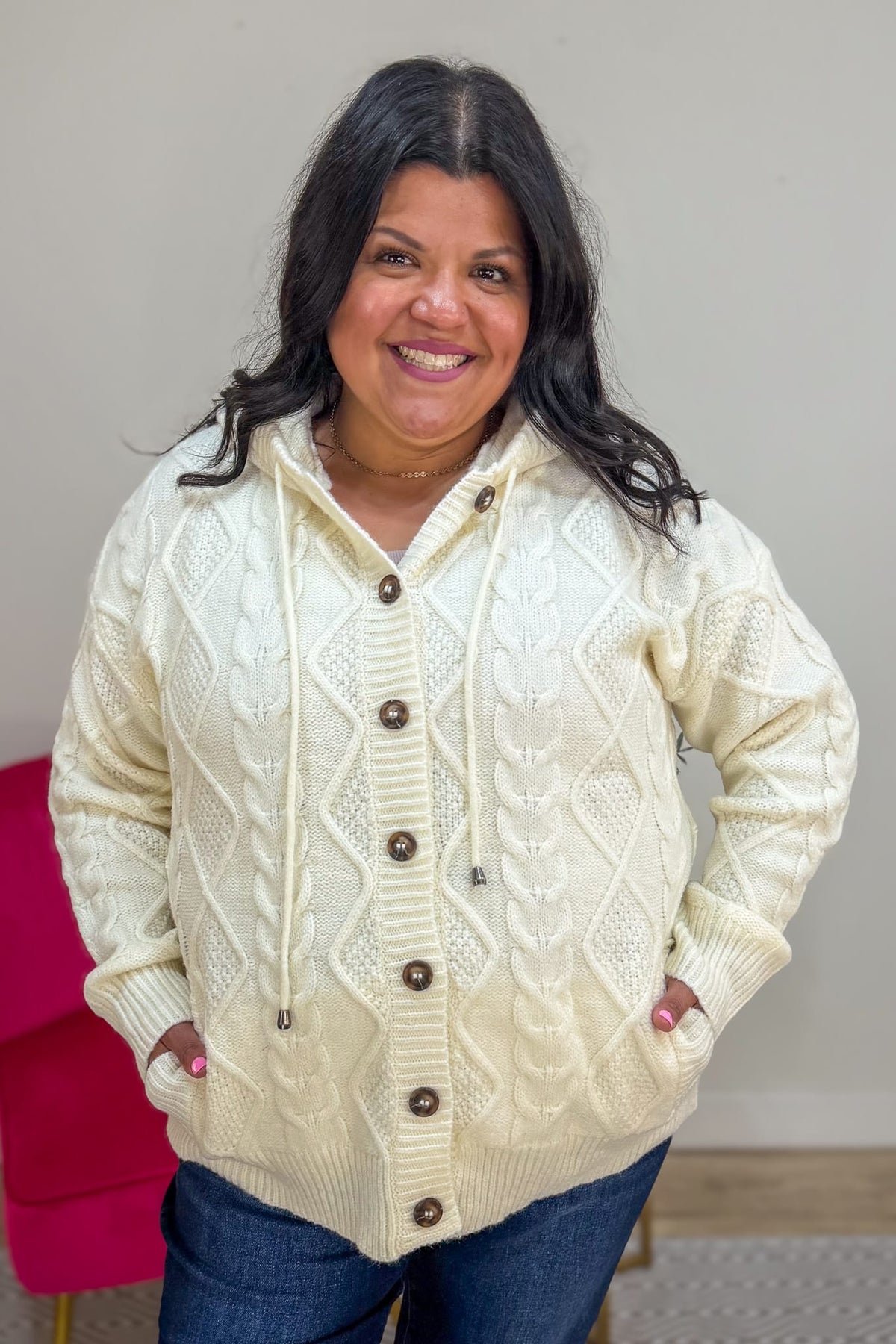 Ivory Cable Hoodie Cardigan