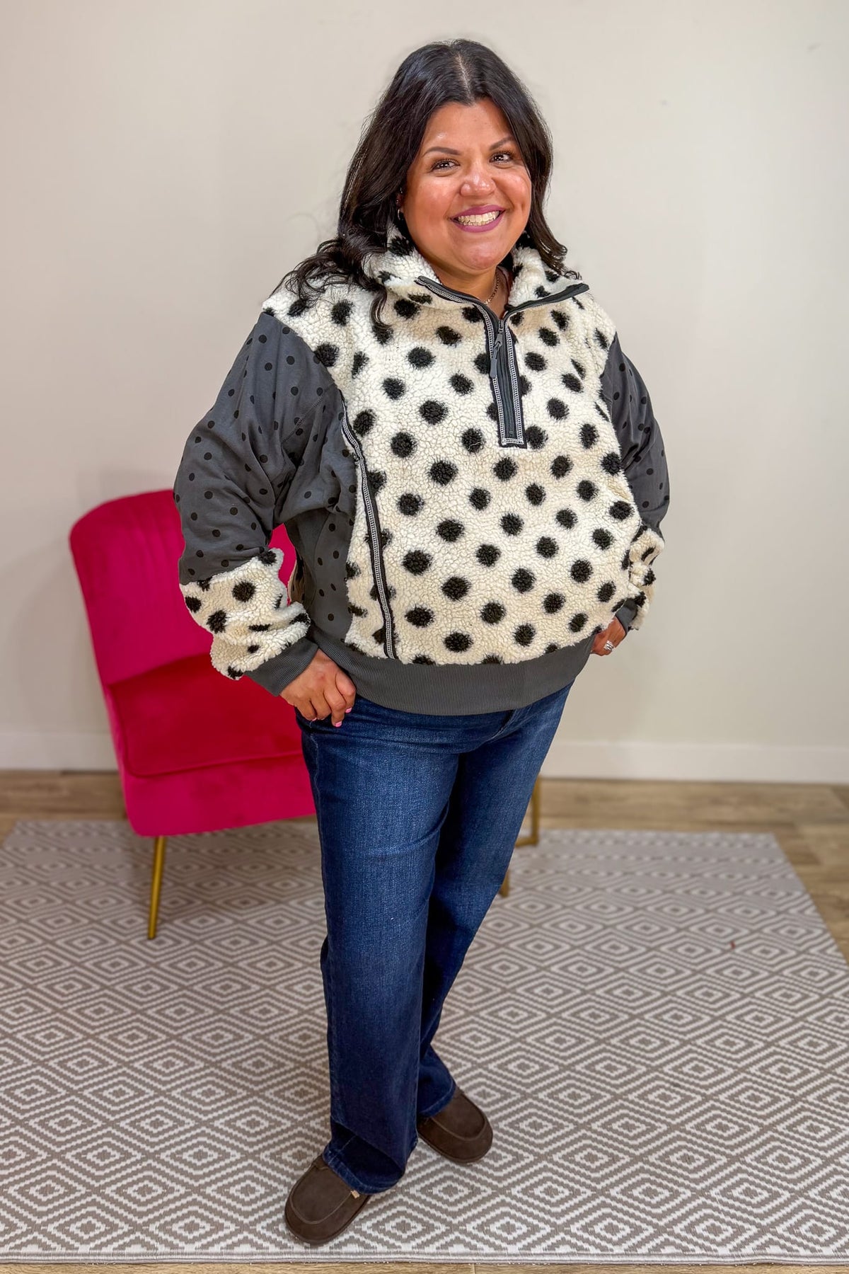 Ivory Polka Dot 1/4 Zip Fleece Pullover Styled