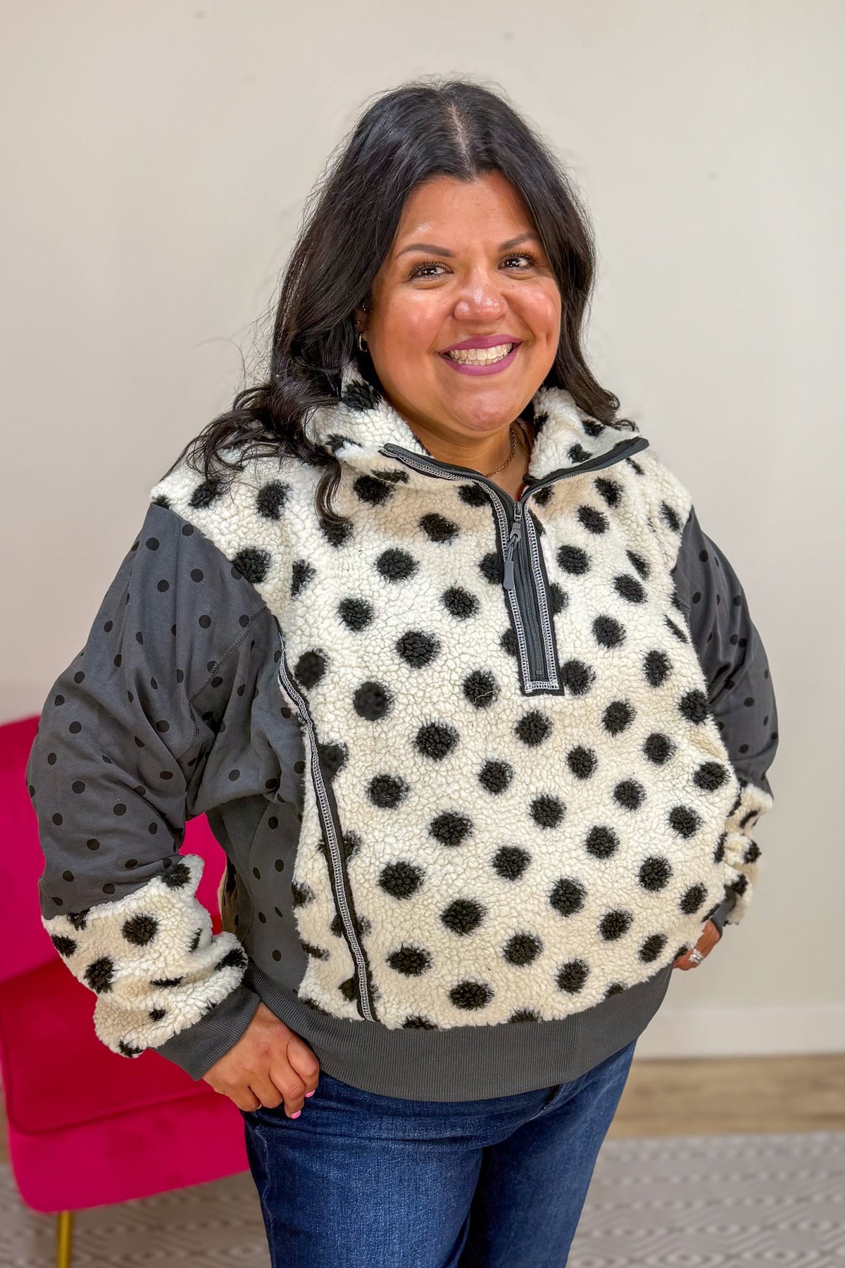 Ivory Polka Dot 1/4 Zip Fleece Pullover