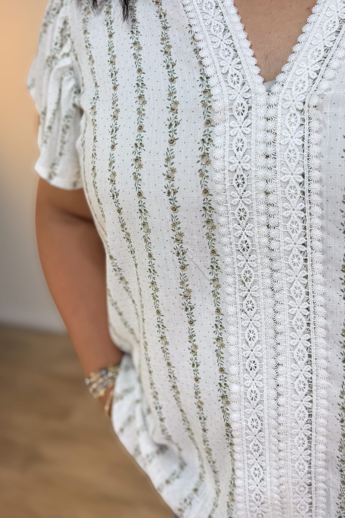 Khaki Stripe Floral Garland Ruffle Sleeve Top Detail