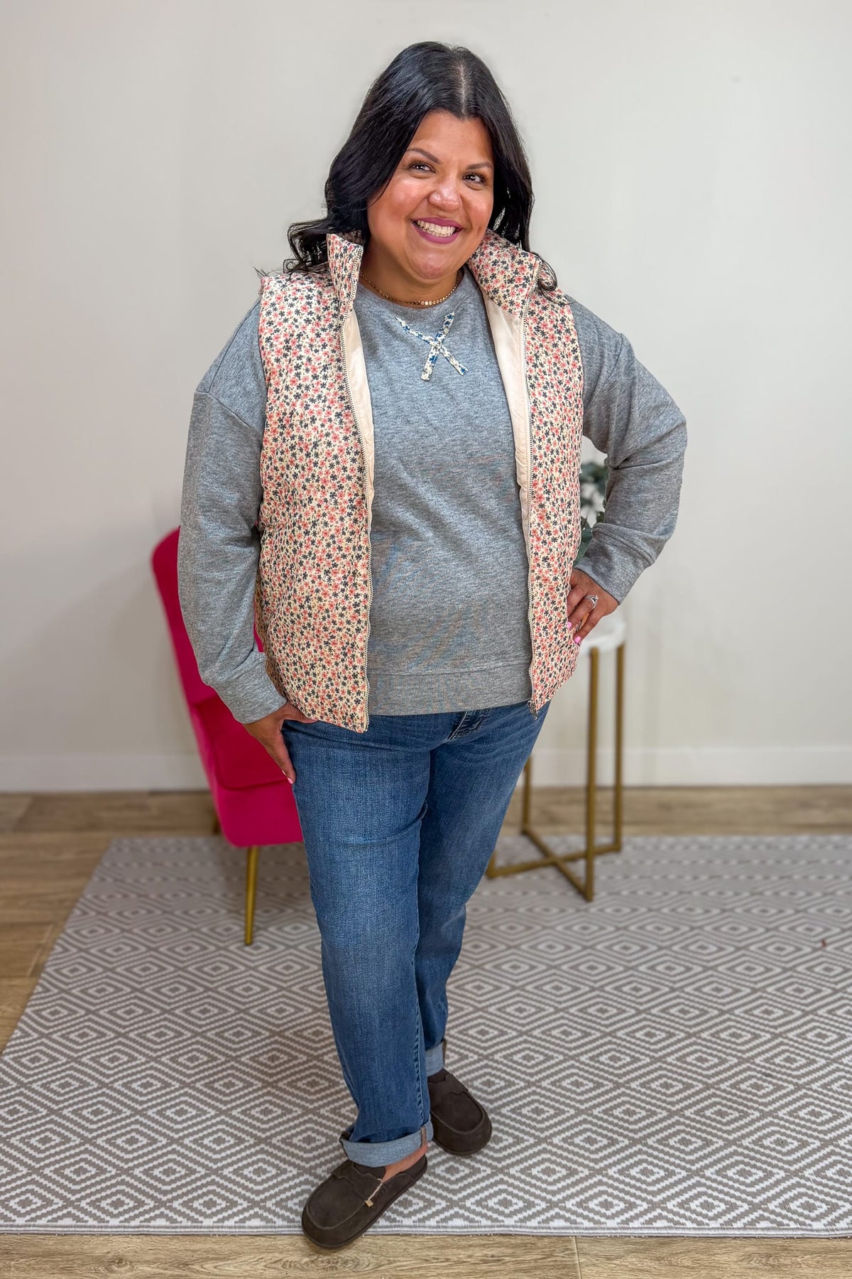 Cream & Pink Floral Corduroy Vest Styled