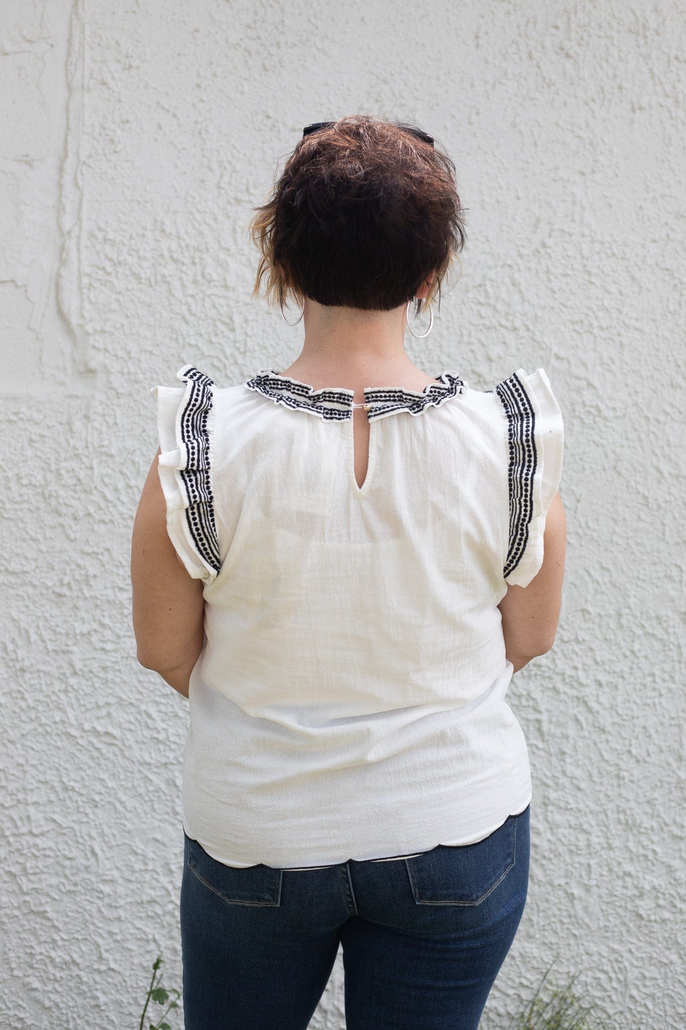 Ivory & Black Embroidered Ruffle Sleeve Top