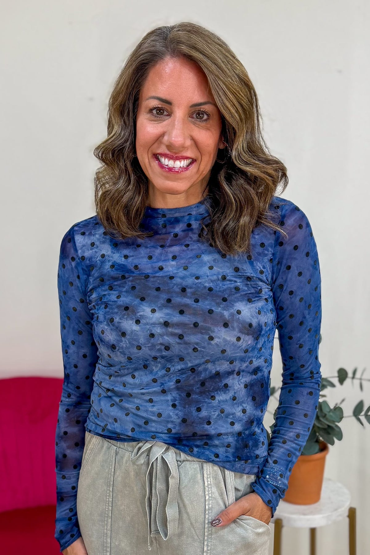 Navy Polka Dot Mesh Top