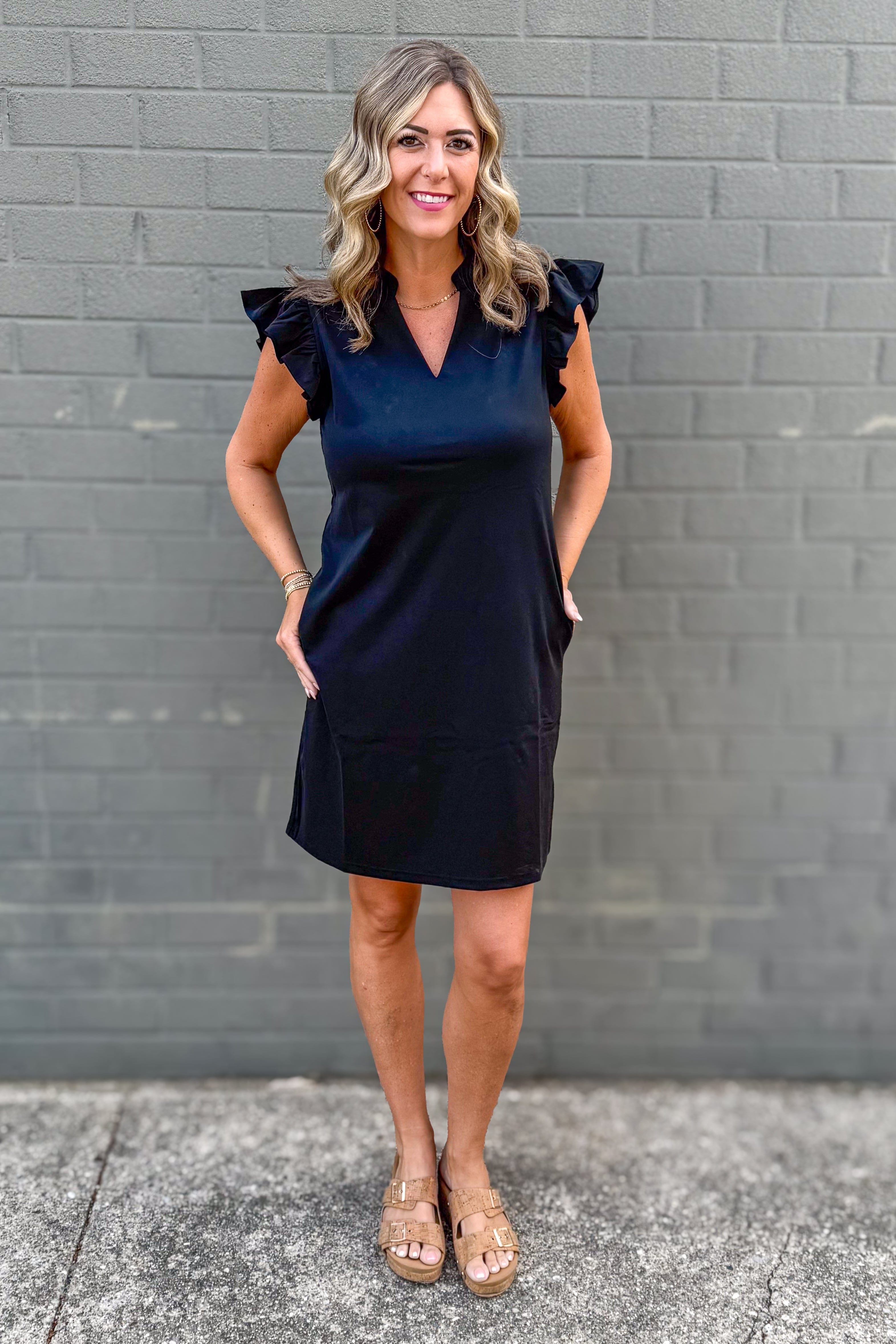 Black Ruffle Cap Sleeve Dress styled