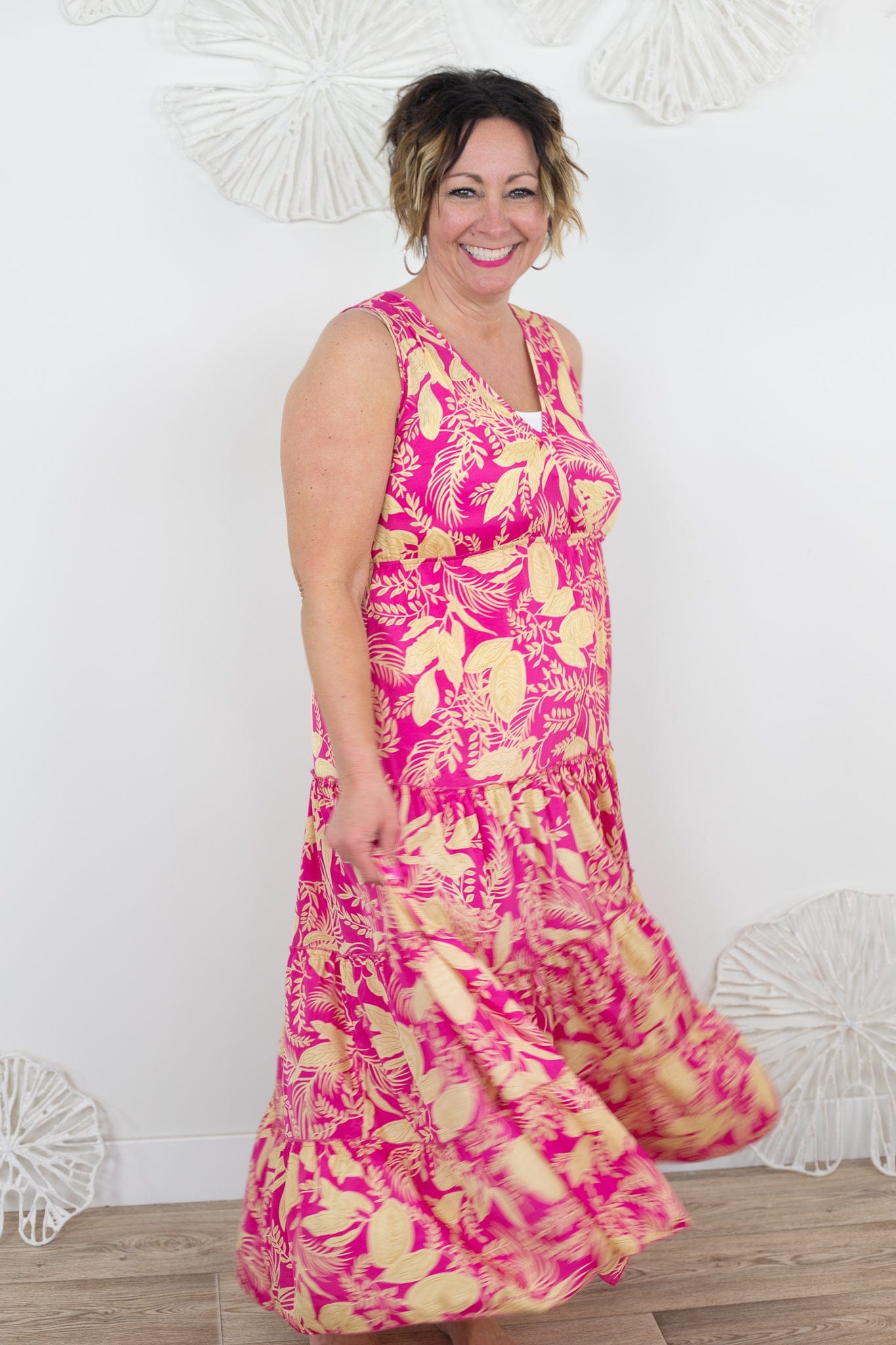 Fuchsia & Ivory Leaf Empire Dress