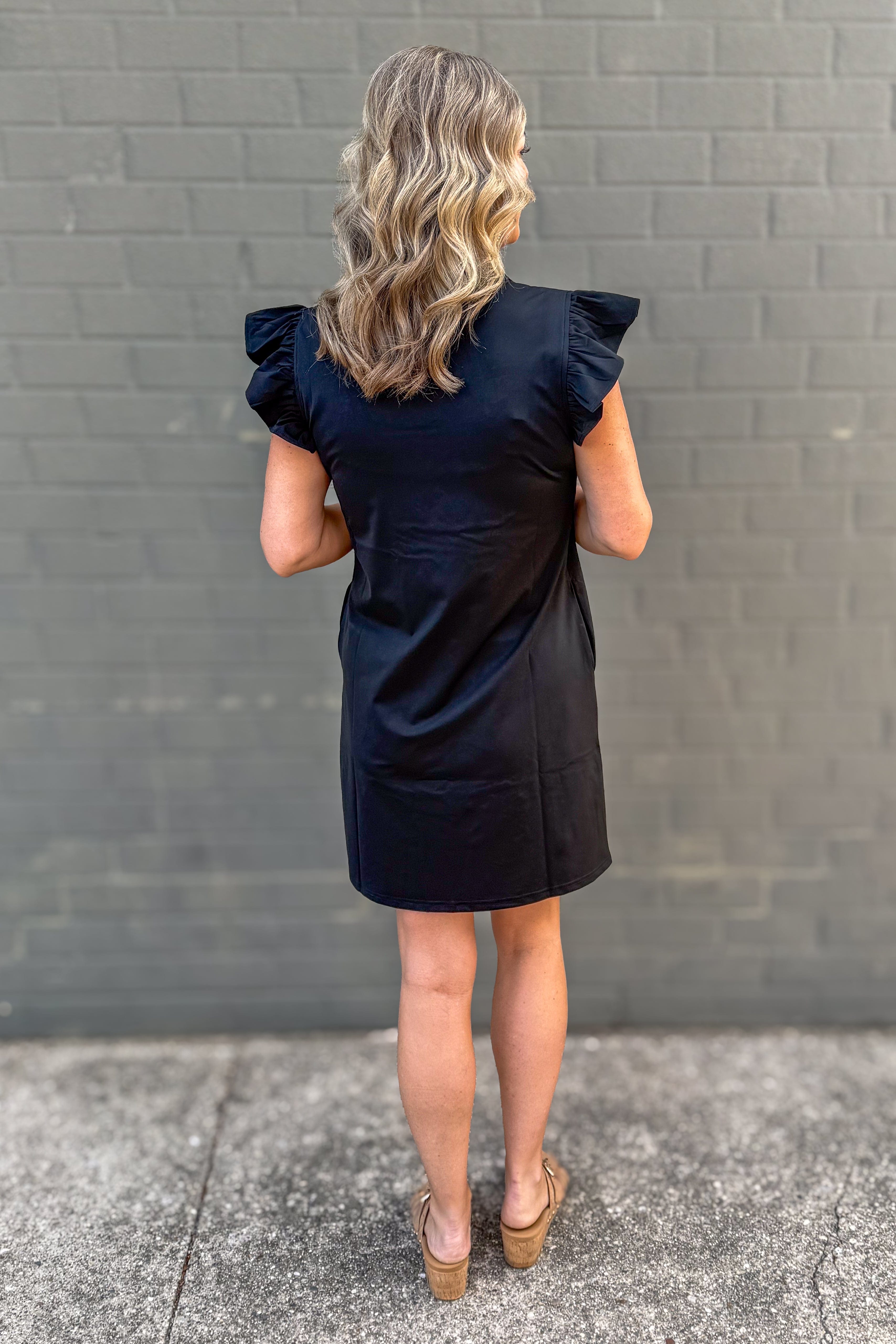Black Ruffle Cap Sleeve Dress back