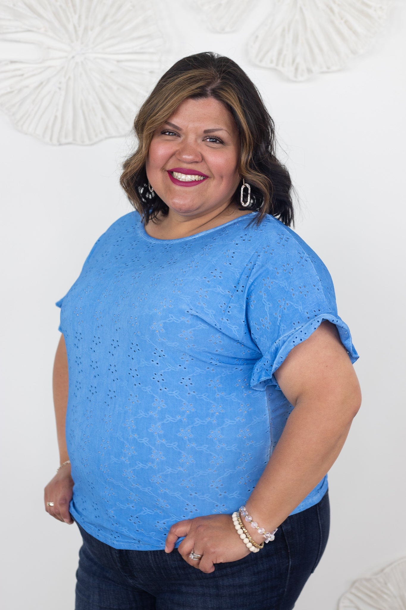 Turquoise Washed Eyelet Top