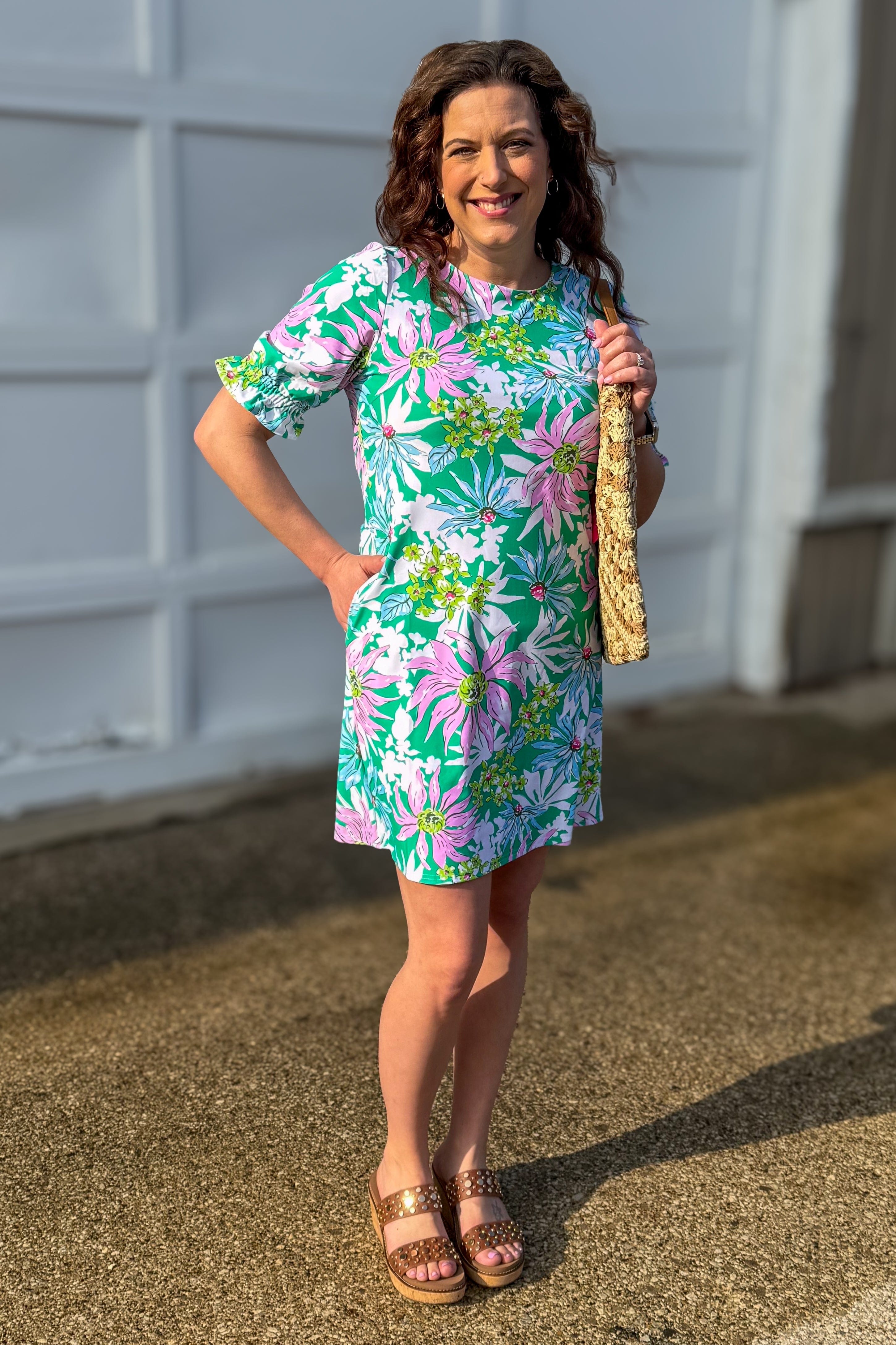 Apple Green Catalina Cinched Shift Dress styled