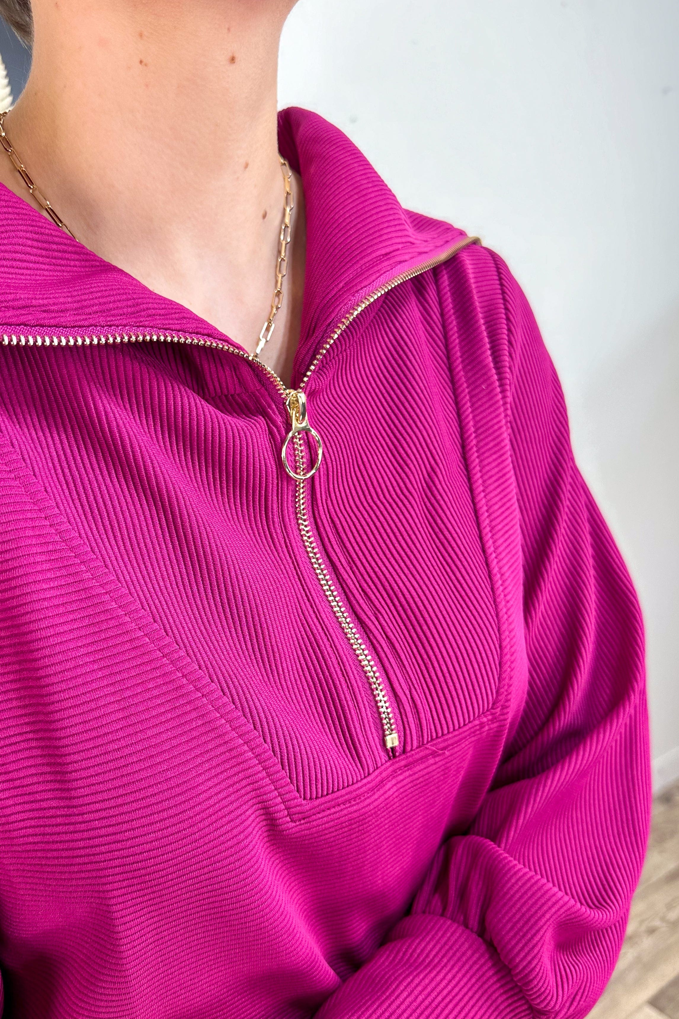 Magenta Texture Half Zip Mini Dress detail