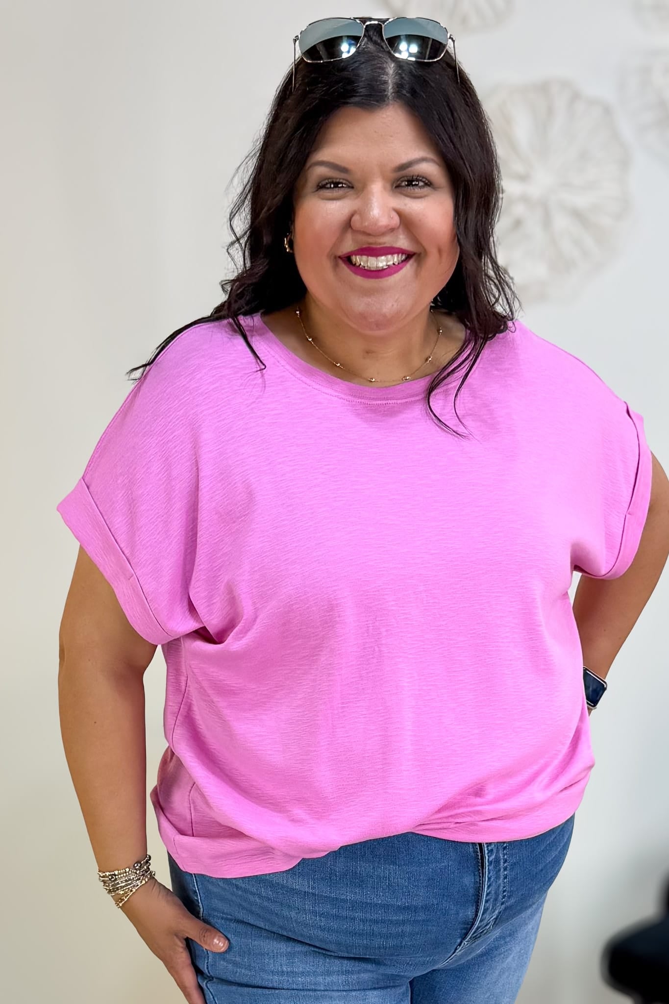 Candy Pink Modal Rolled Sleeve Tee