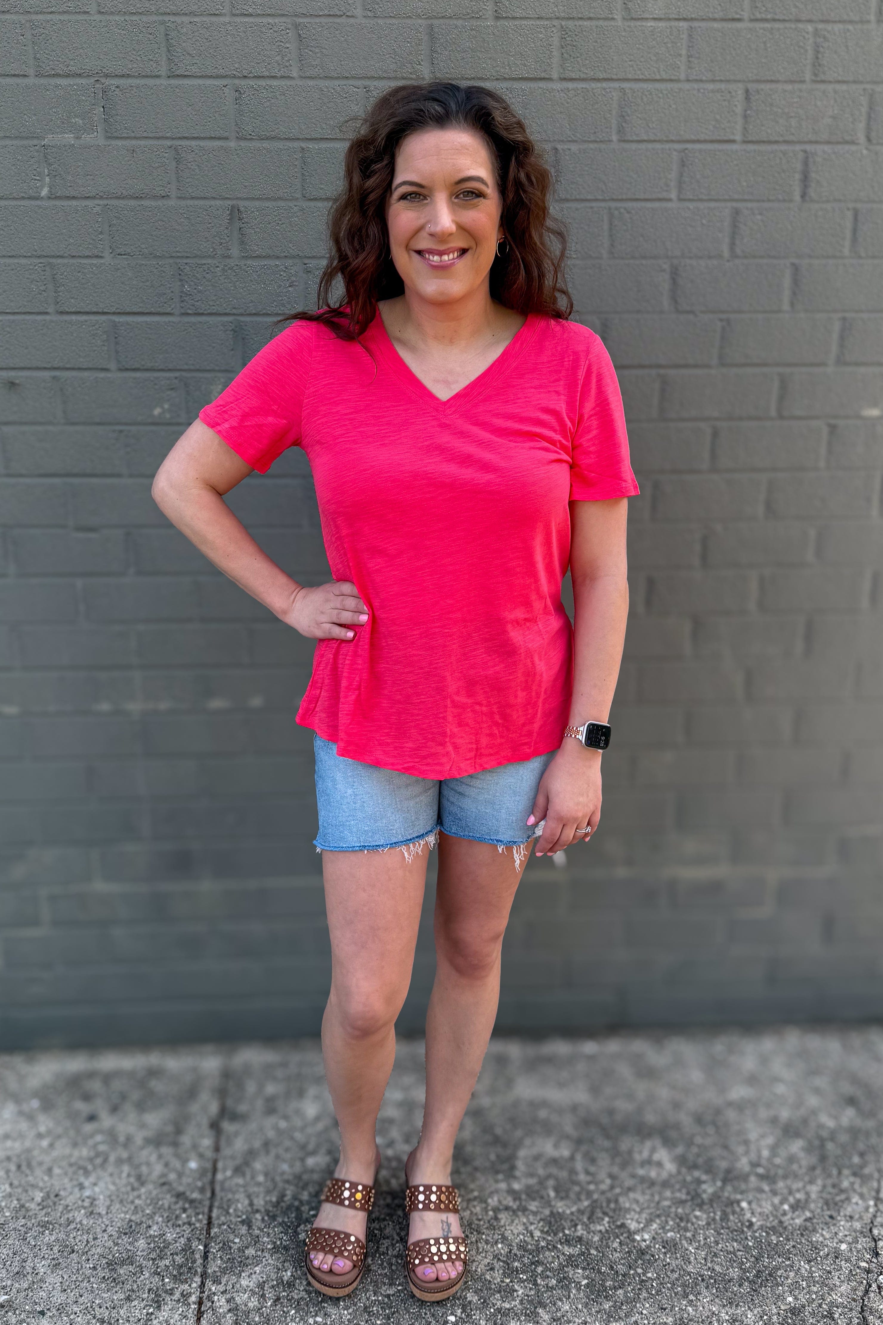 Hot Coral V-Neck T-Shirt styled