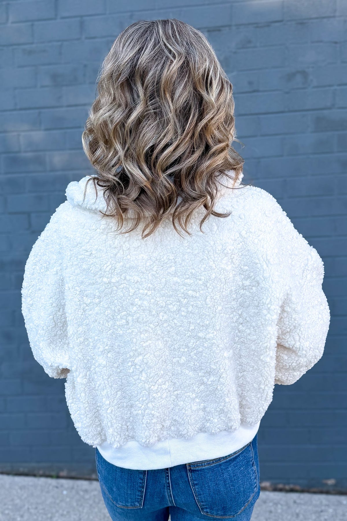 Ivory & Red Mock Neck Sherpa Jacket Back