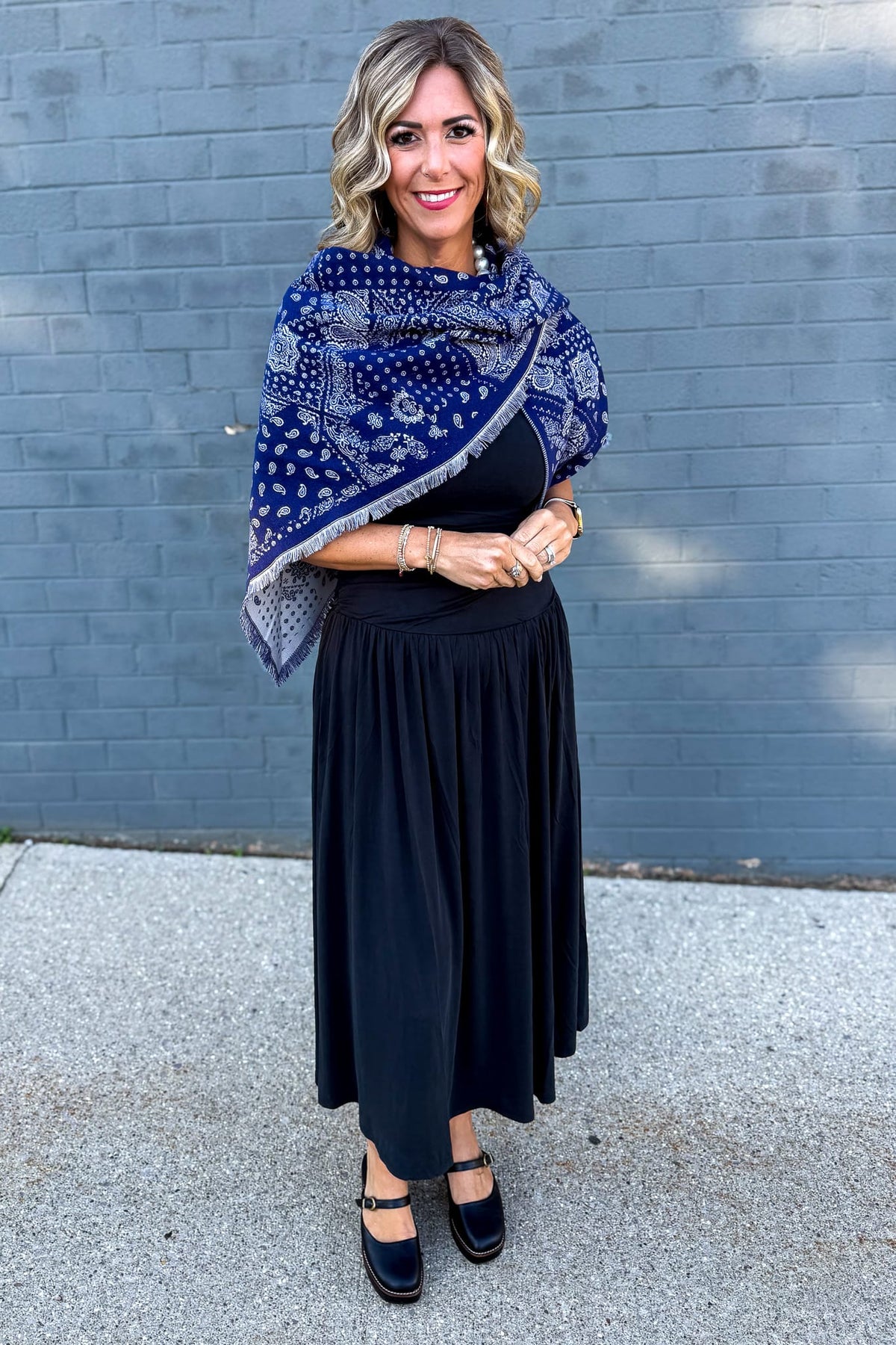 Navy Bandana Paisley Mix Triangular Scarf Styled