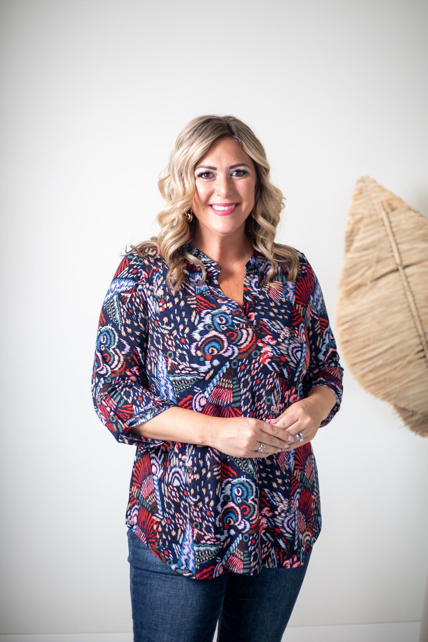 Navy Mix Print Lizzy Top, Front View