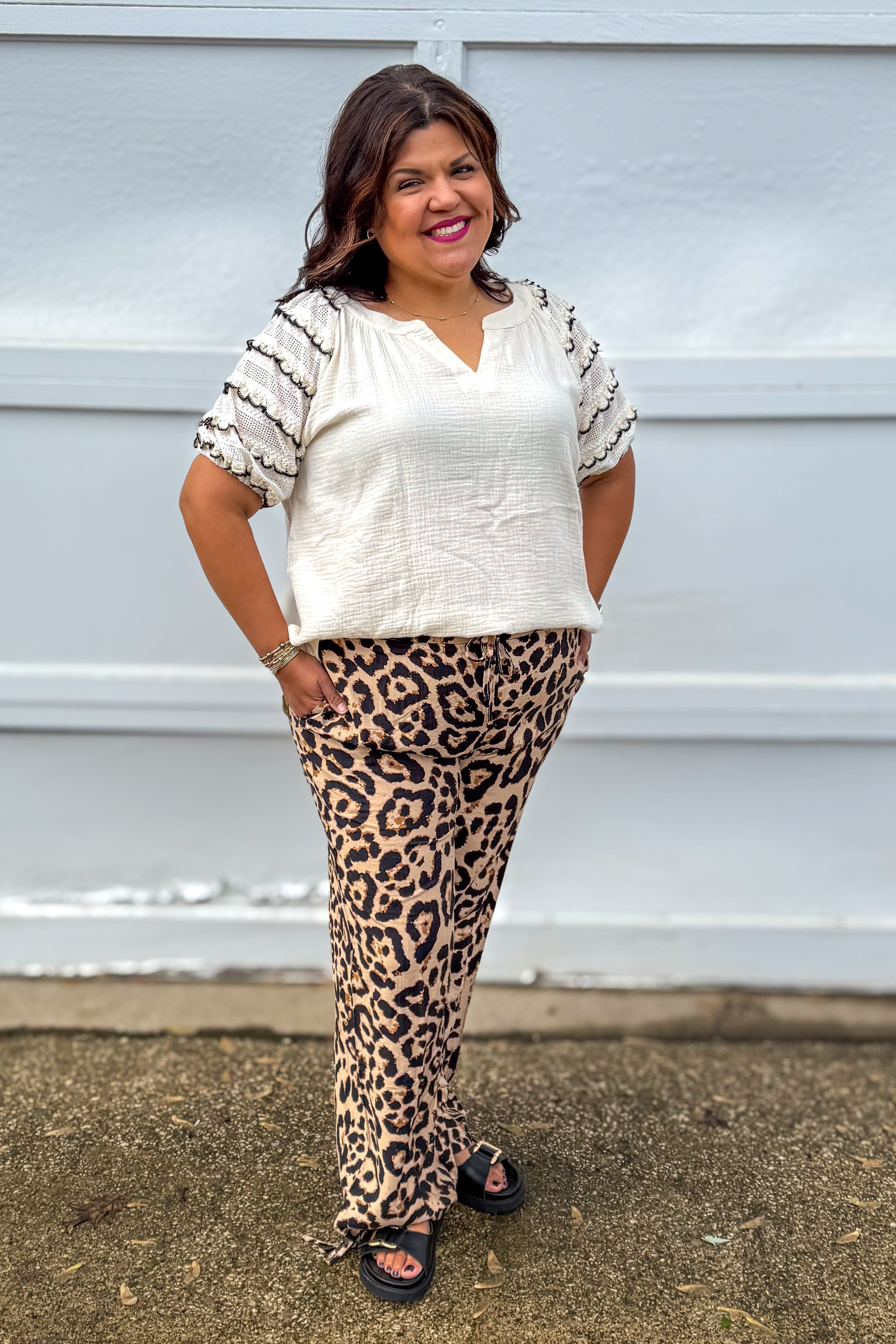 Oatmeal Texture Lace Sleeve Gauze Top styled
