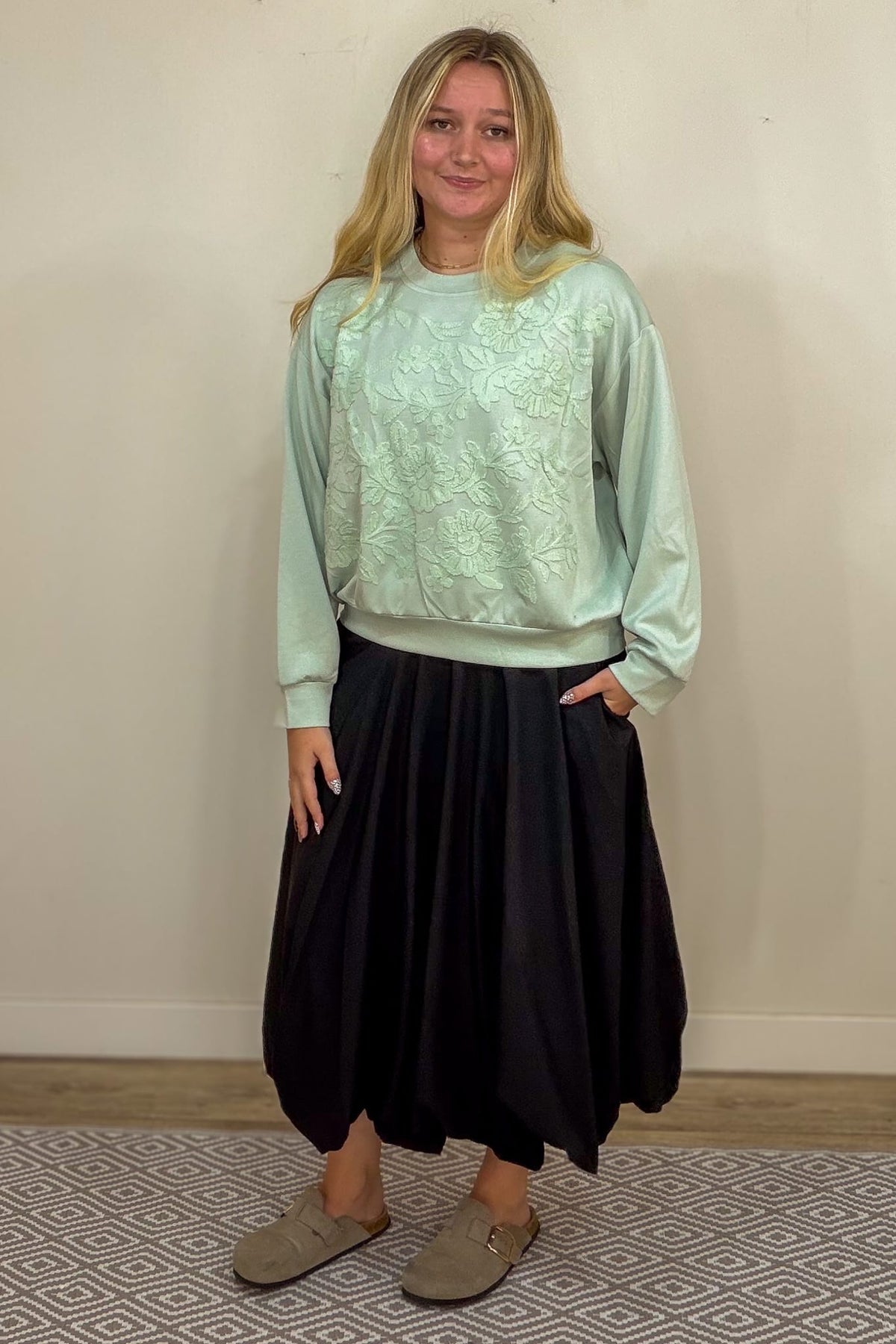Sage Floral Embroidered Pullover Top Styled