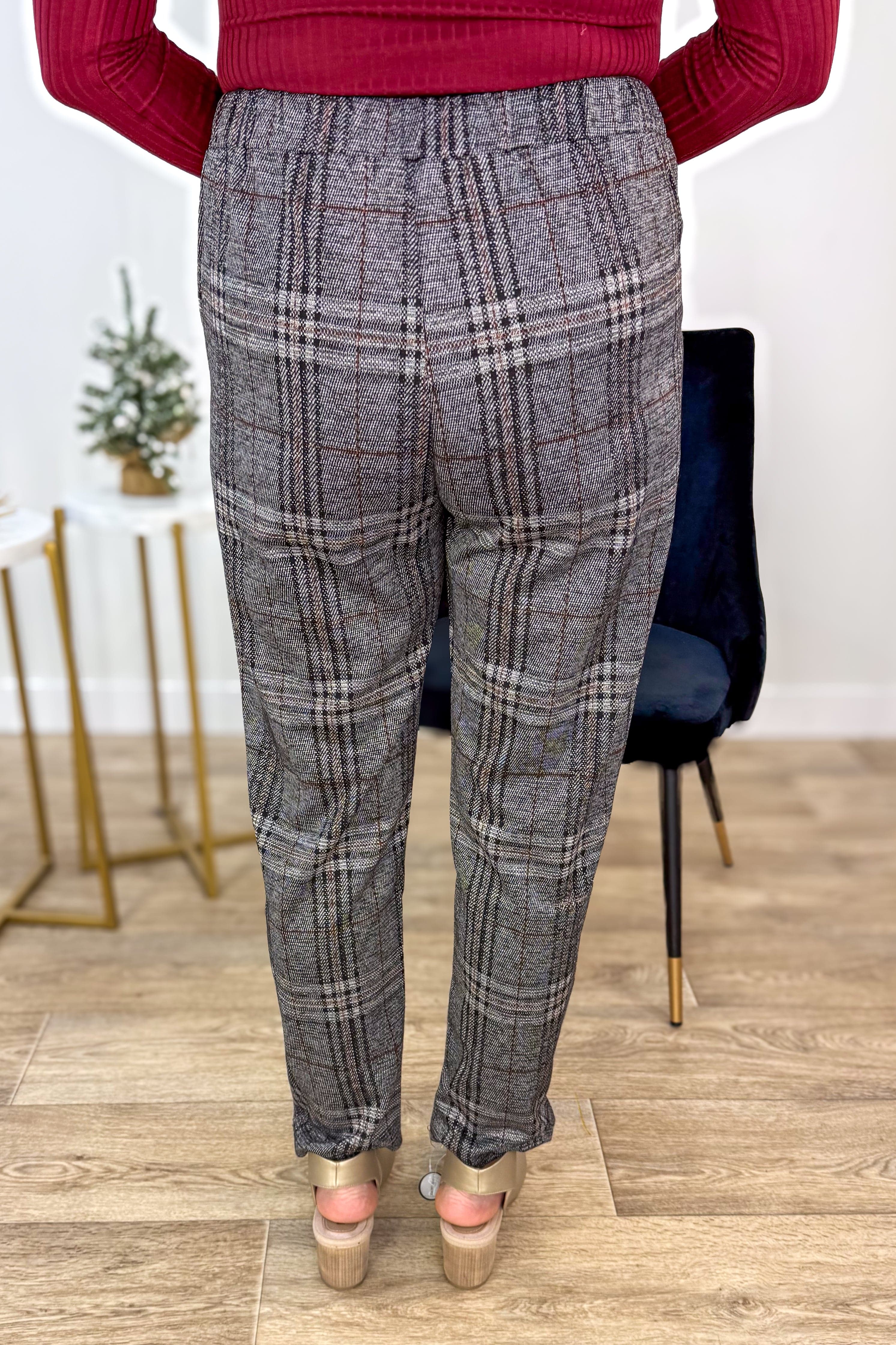 Grey Plaid Gold Button Detail Pant Back