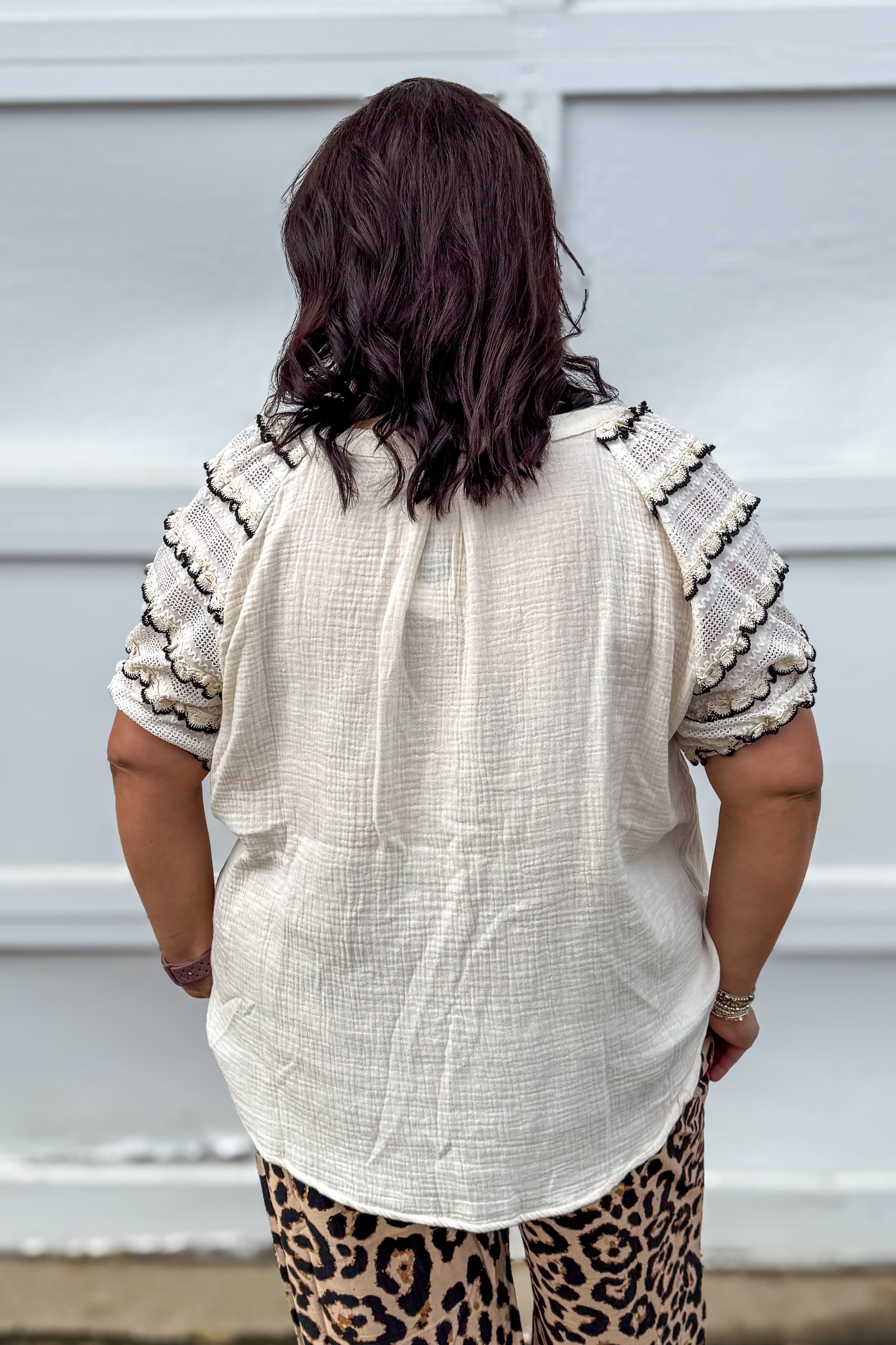 Oatmeal Texture Lace Sleeve Gauze Top back