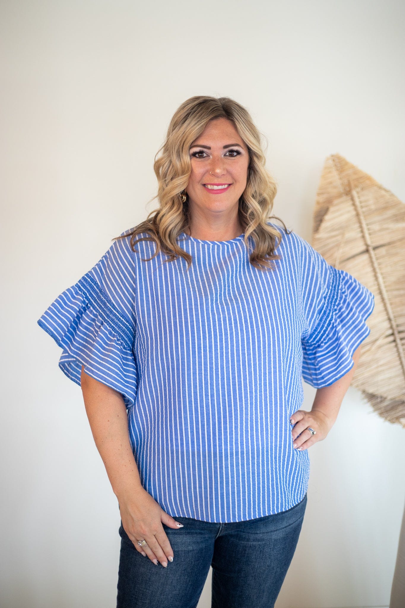 Blue Stripe Ruffle Sleeve Top