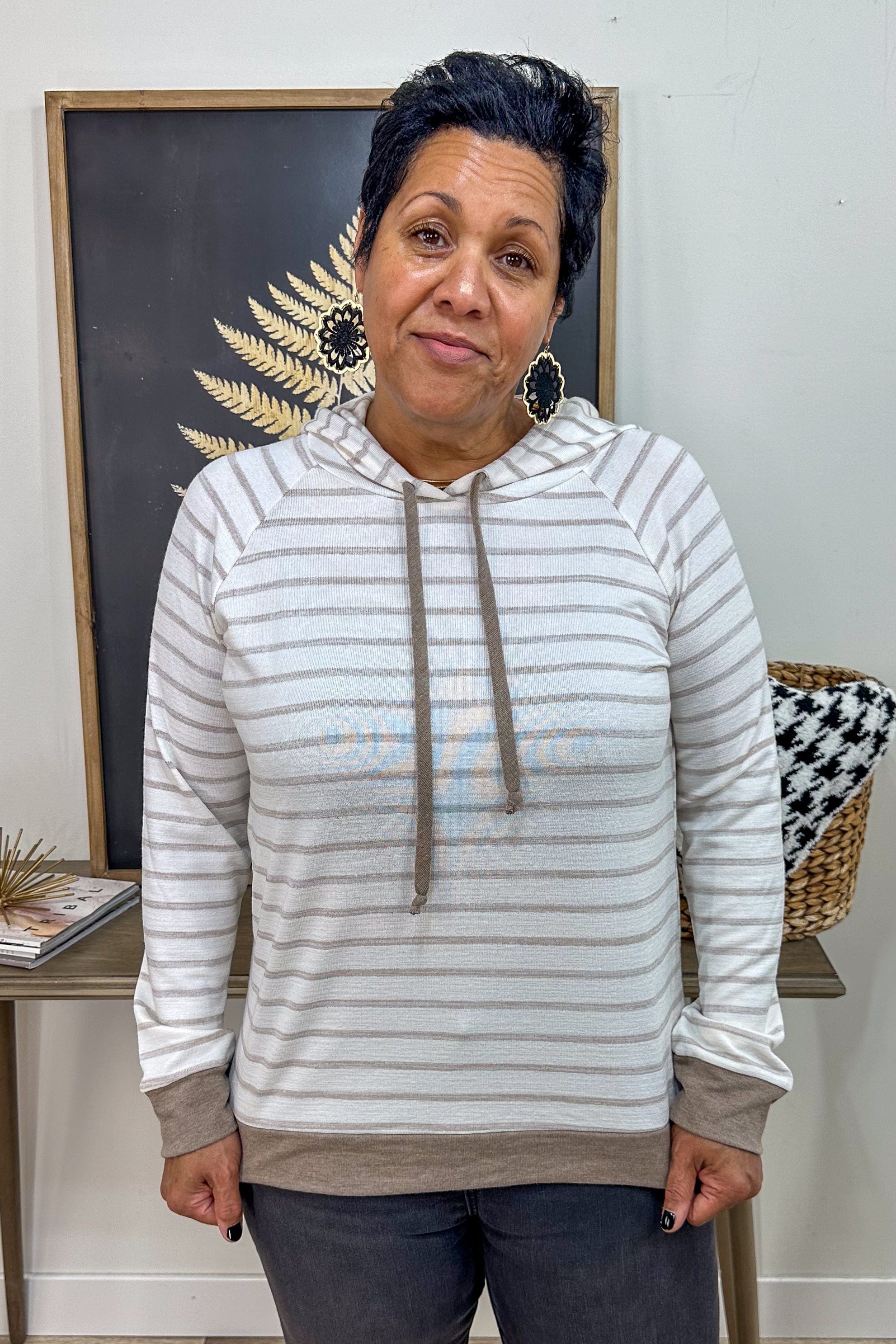 Taupe Striped Hoodie Top