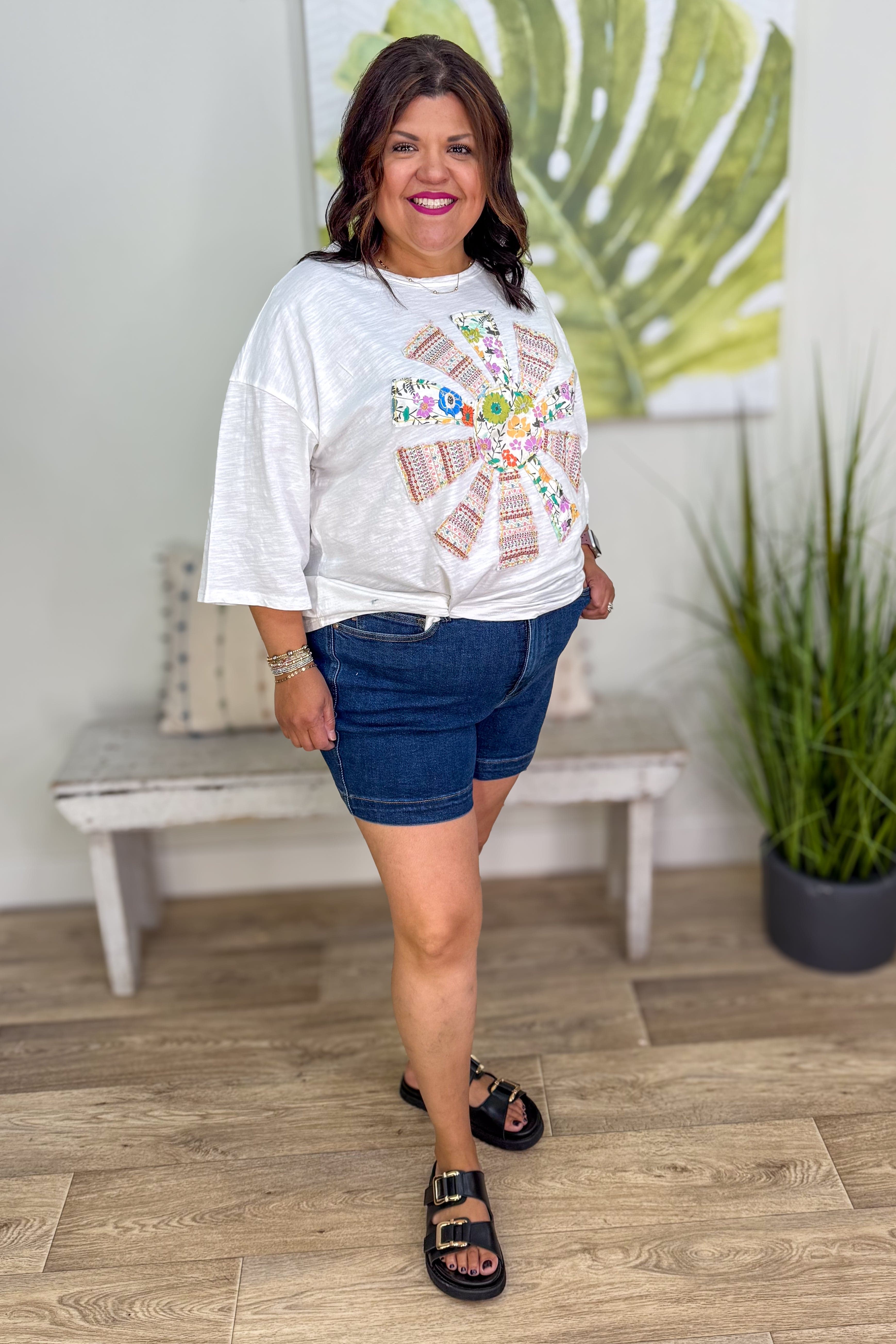 White Flower Patch Knit Top styled