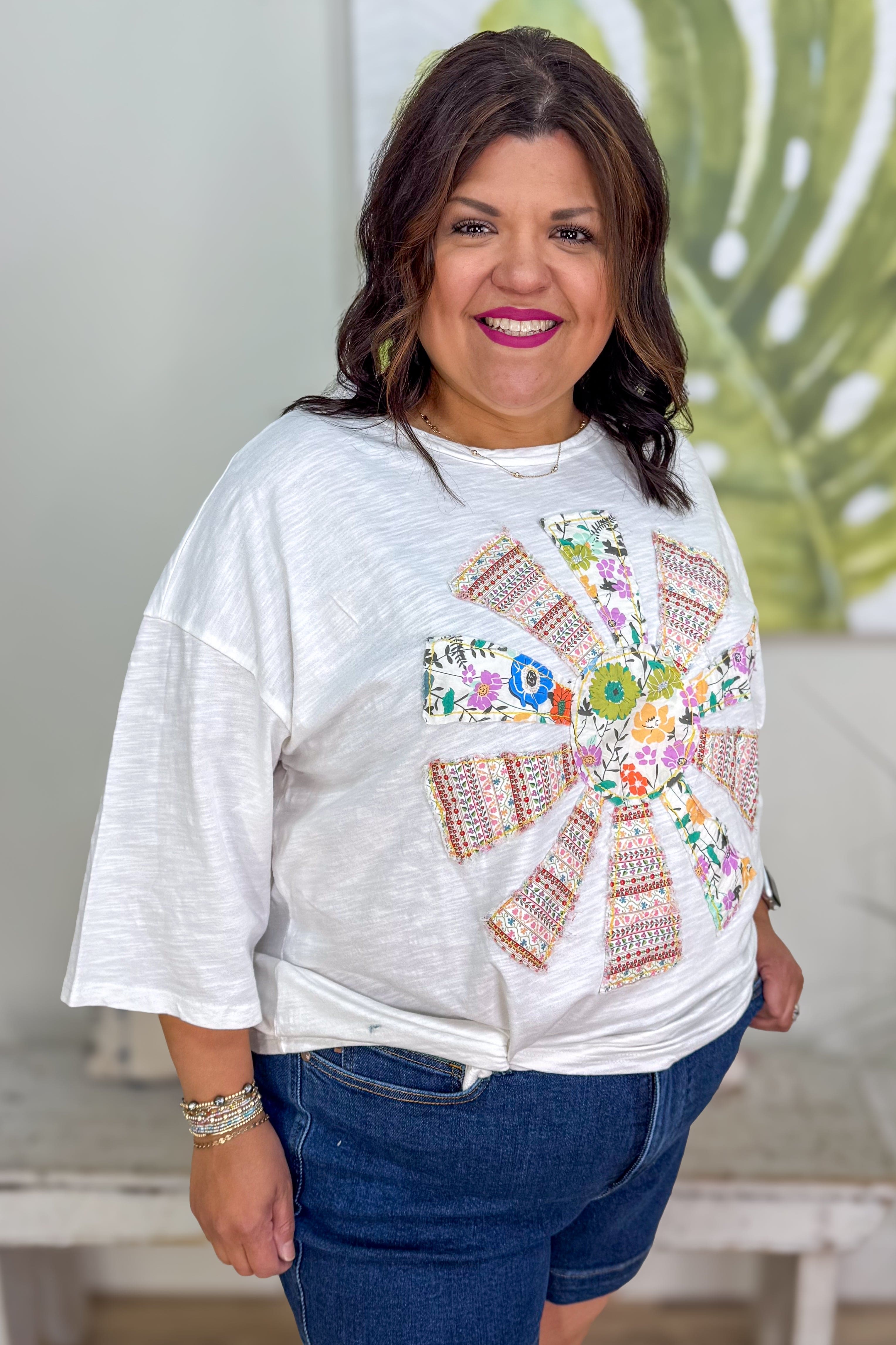 White Flower Patch Knit Top