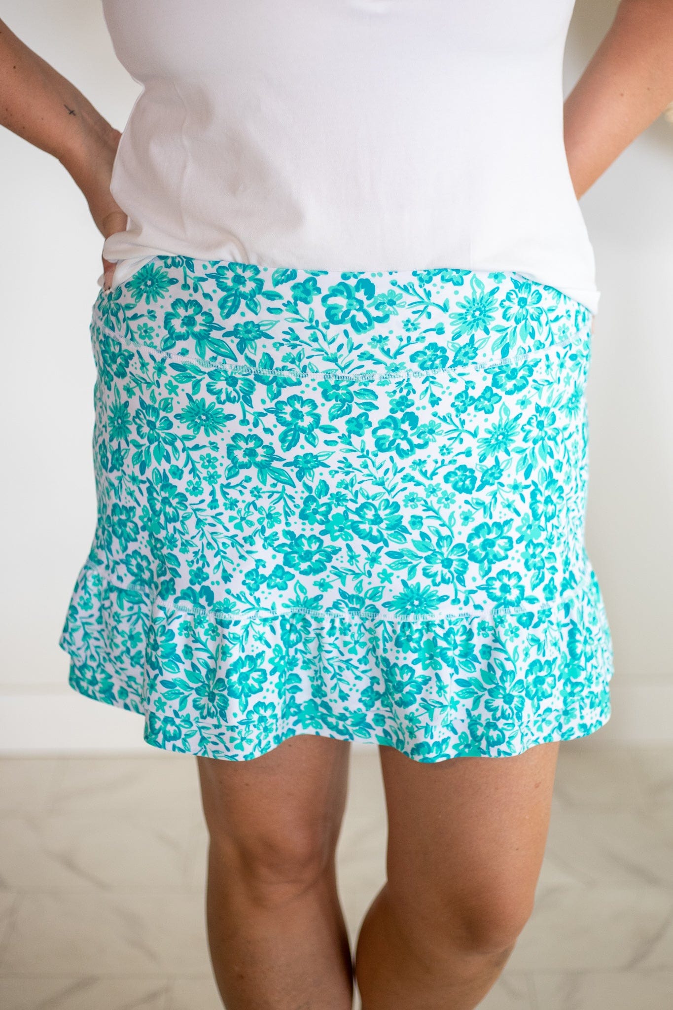 Green & Blue Floral Double Ruffle Skort