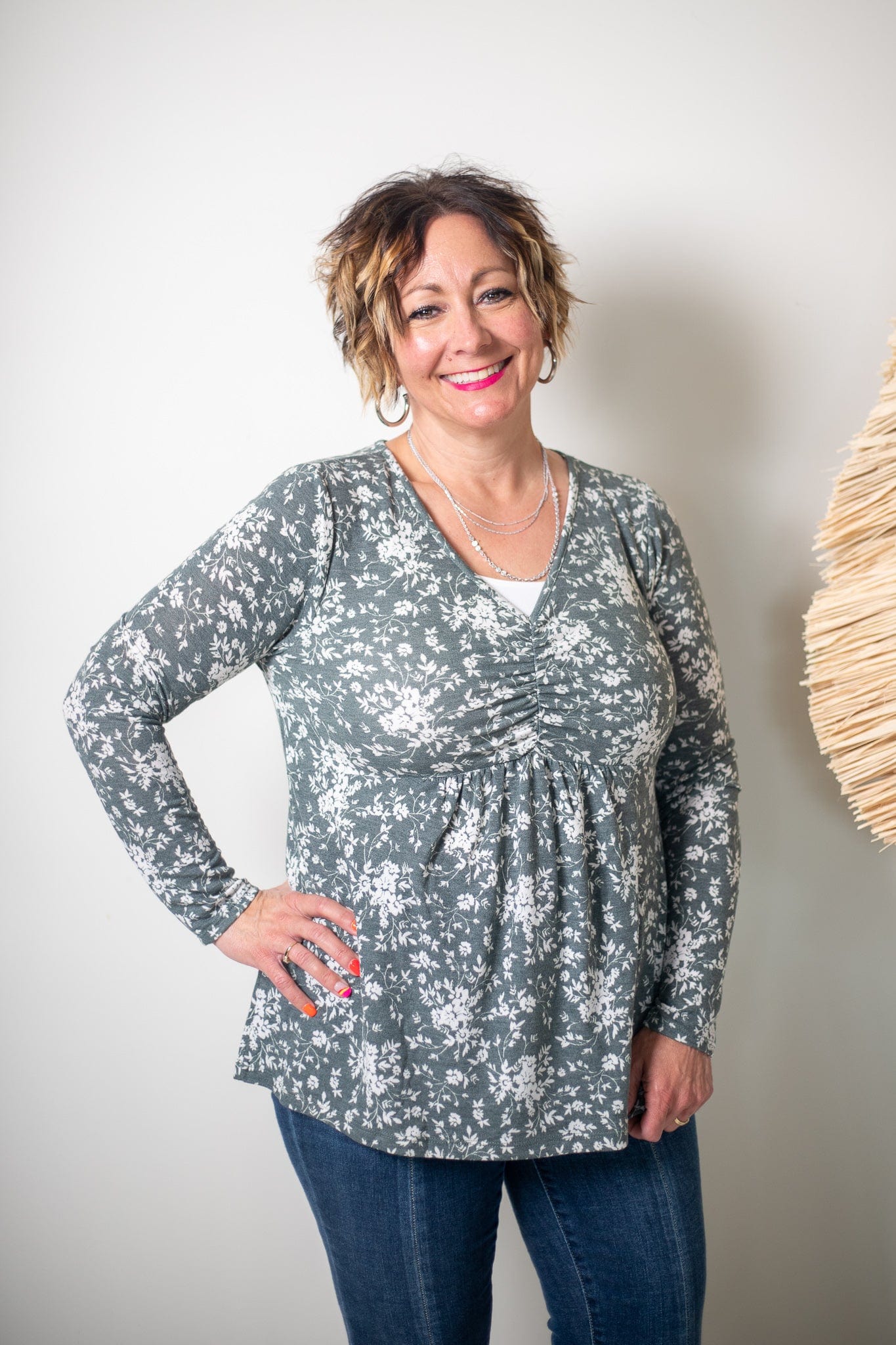 Hunter Green Terry Floral Top