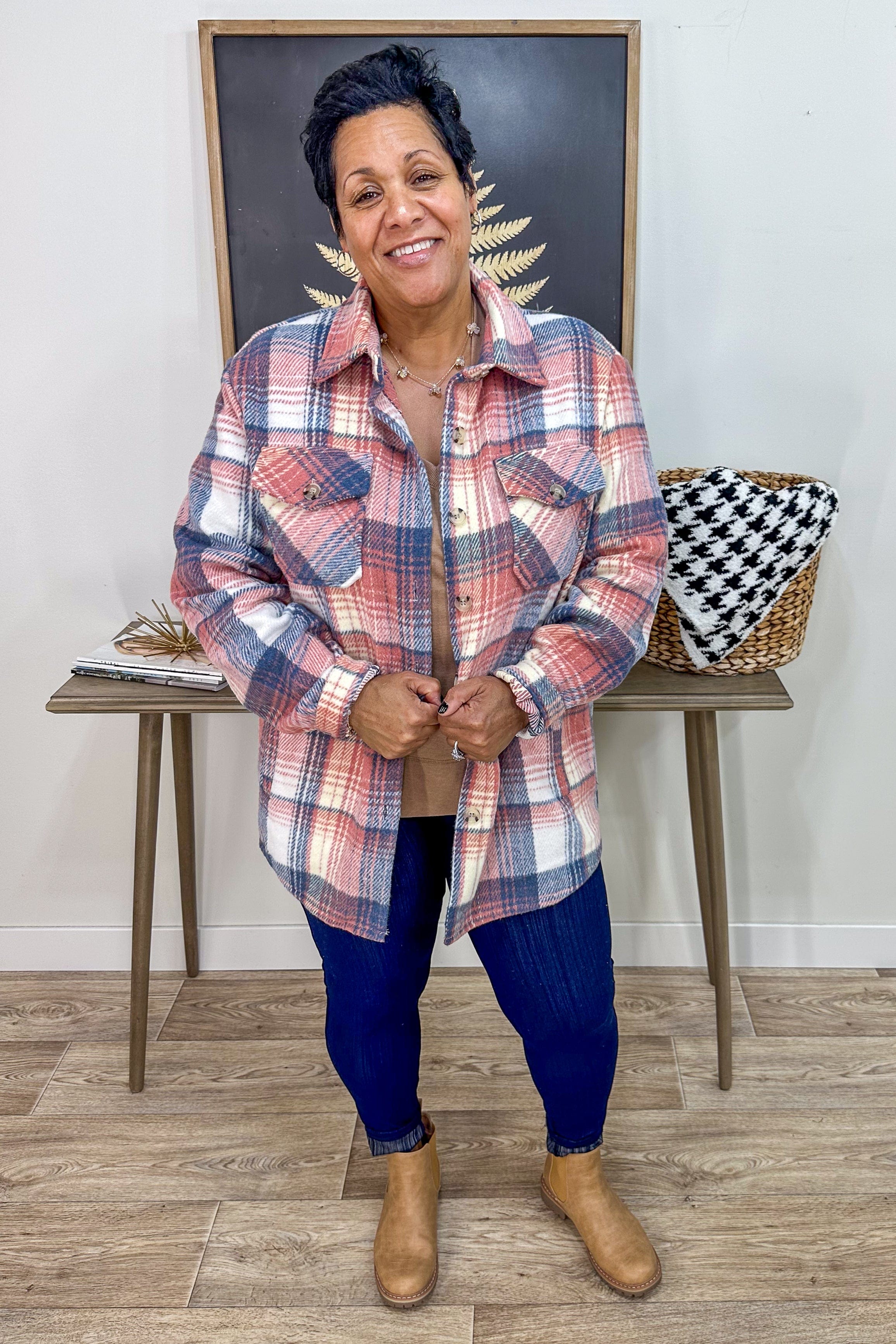 Rosewater Plaid Shacket styled