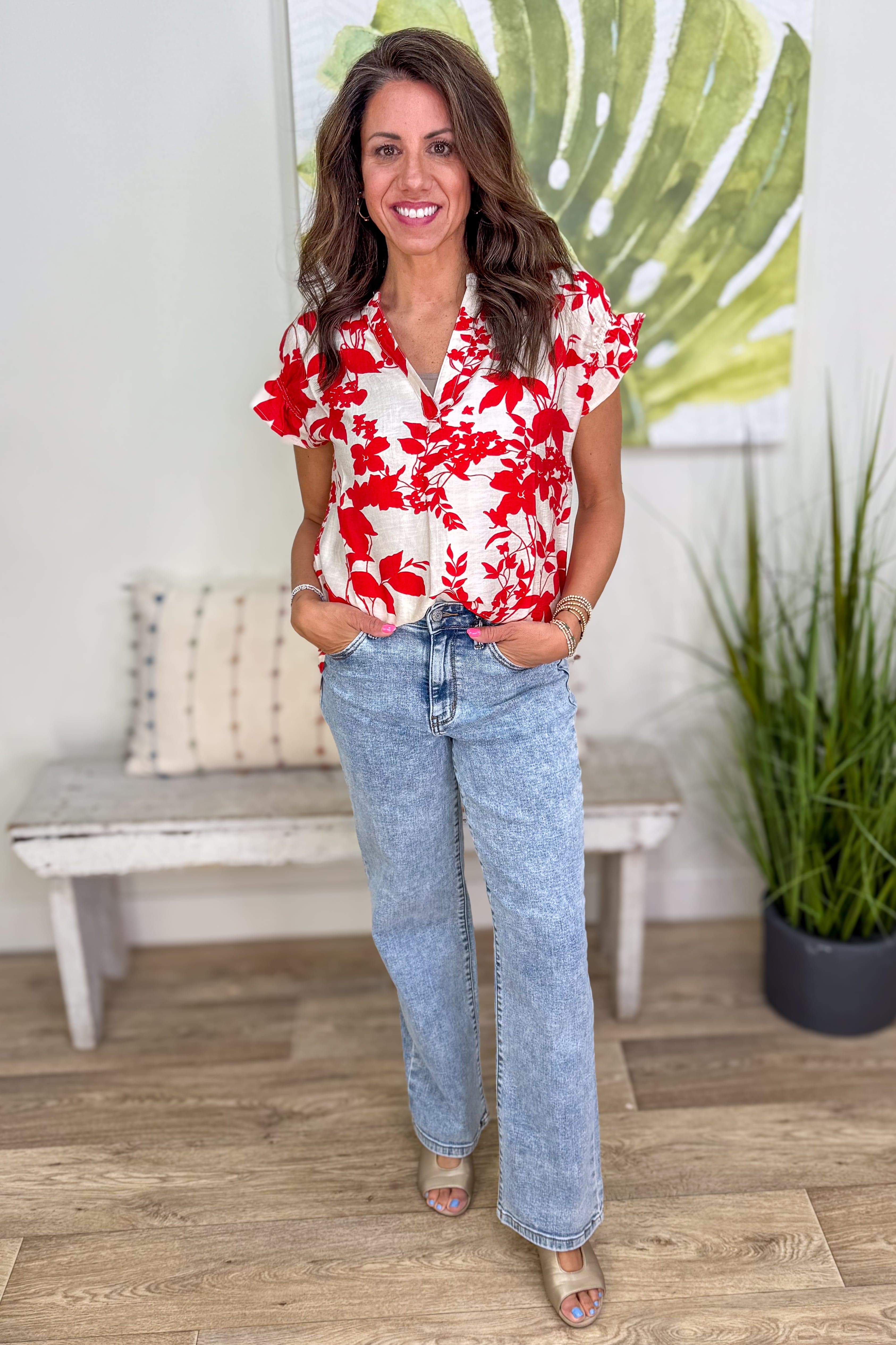 Red Floral Print Blouse styled
