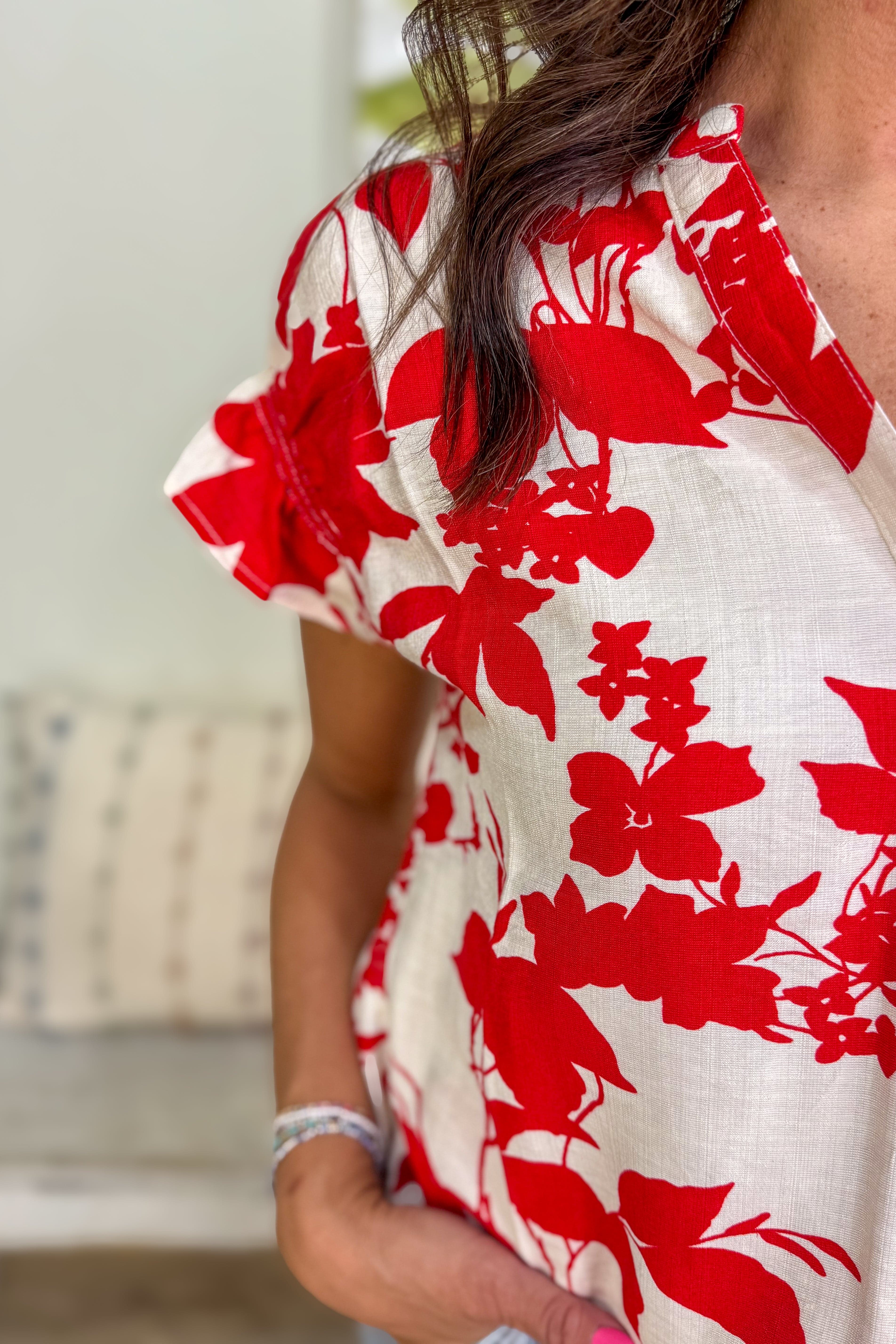 Red Floral Print Blouse detailed