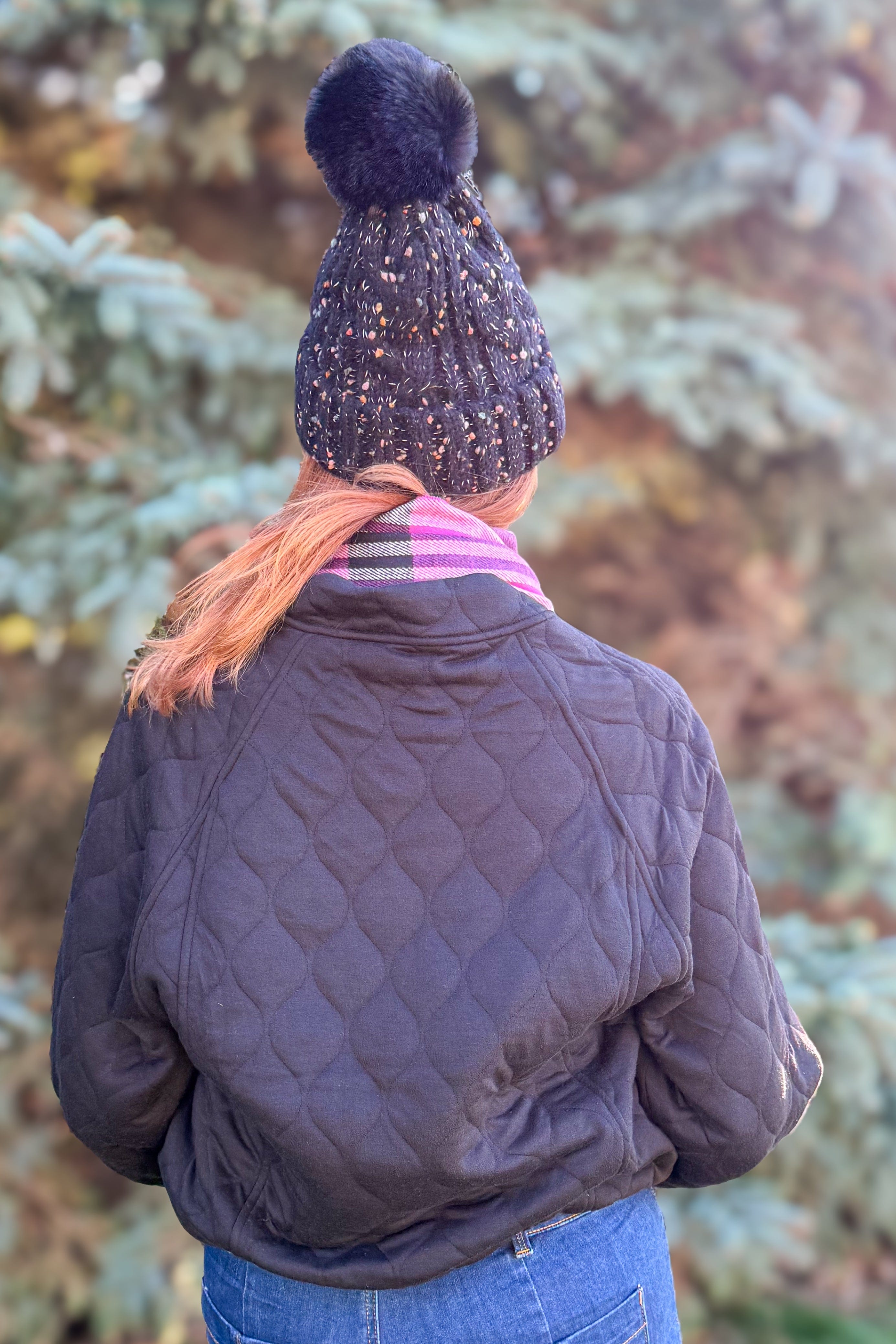 Black Quilted Bomber Jacket Back