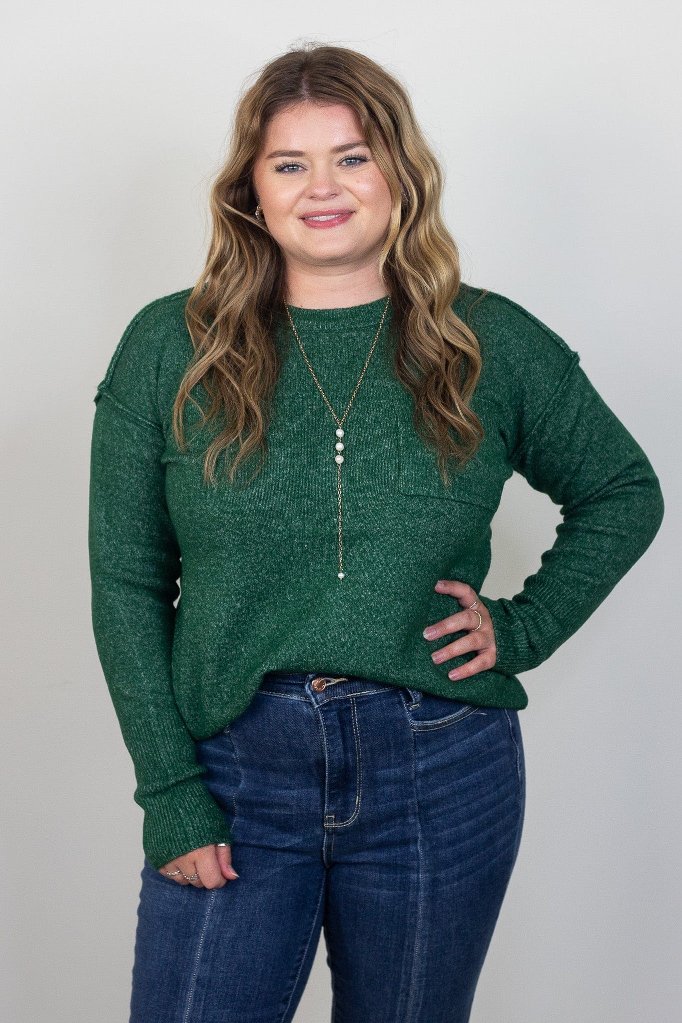 Heathered Green Pocket Round Neck Sweater