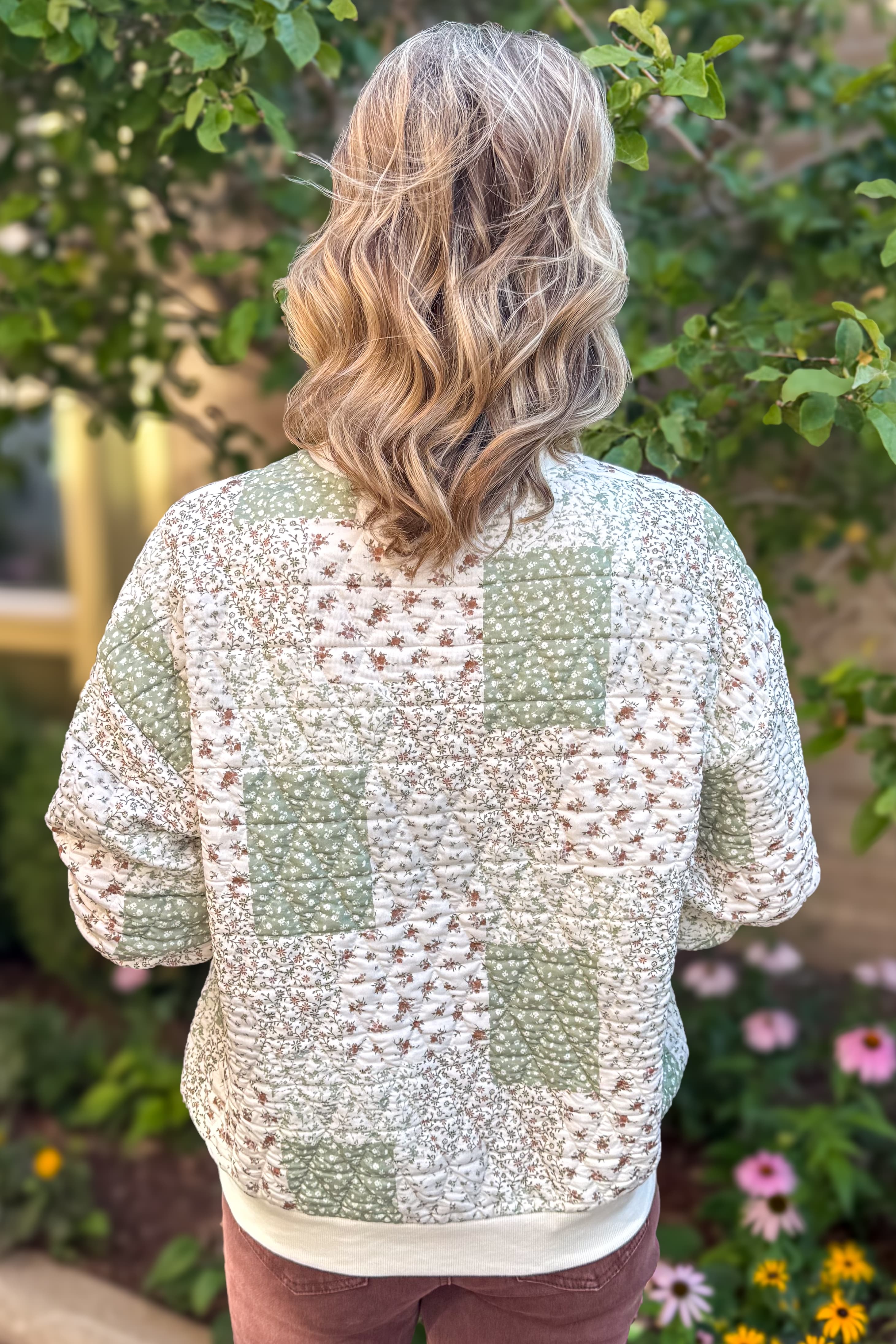 Olive Multi-Floral Patchwork Knit Top Back
