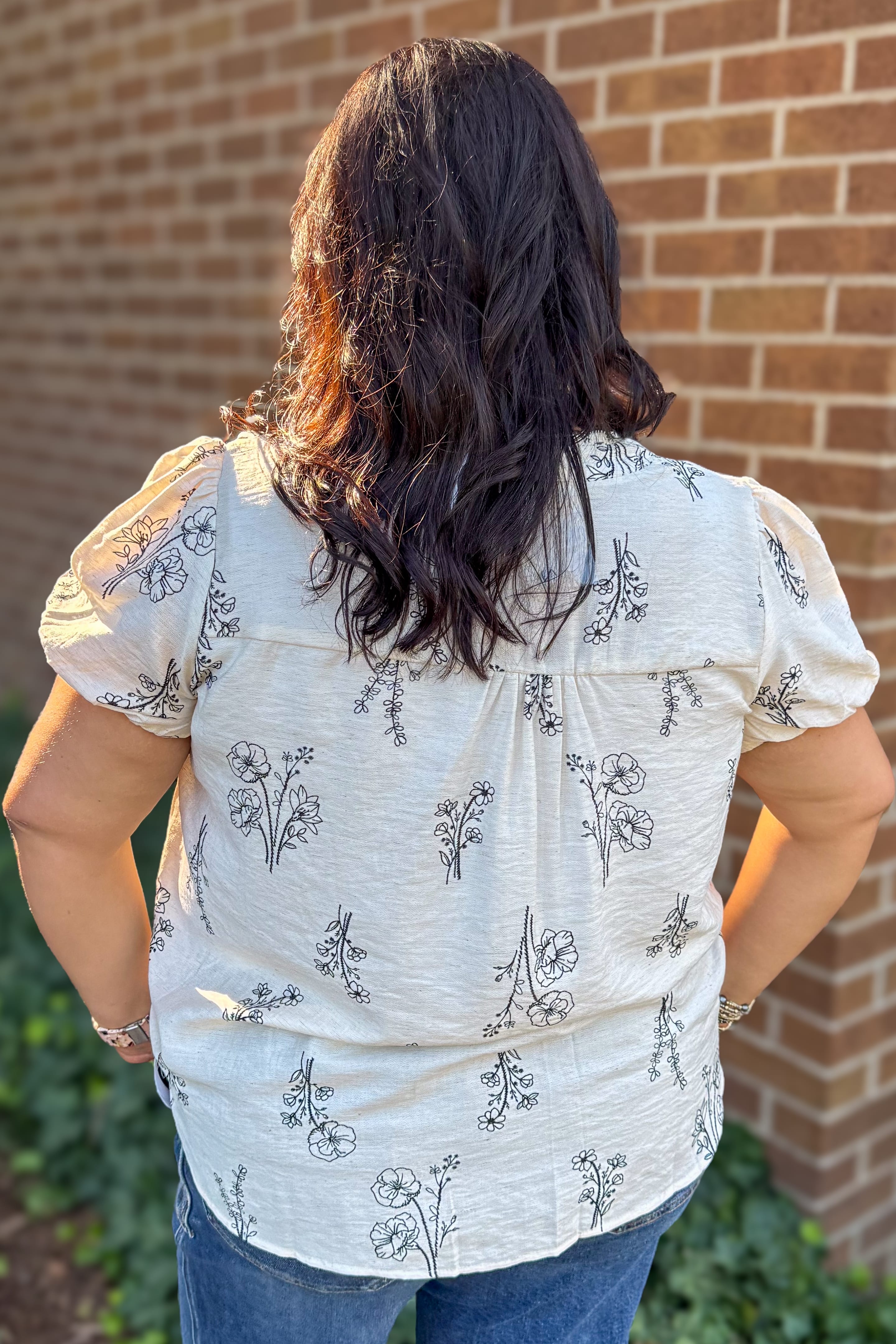 Natural Floral Print Linen Blouse Back