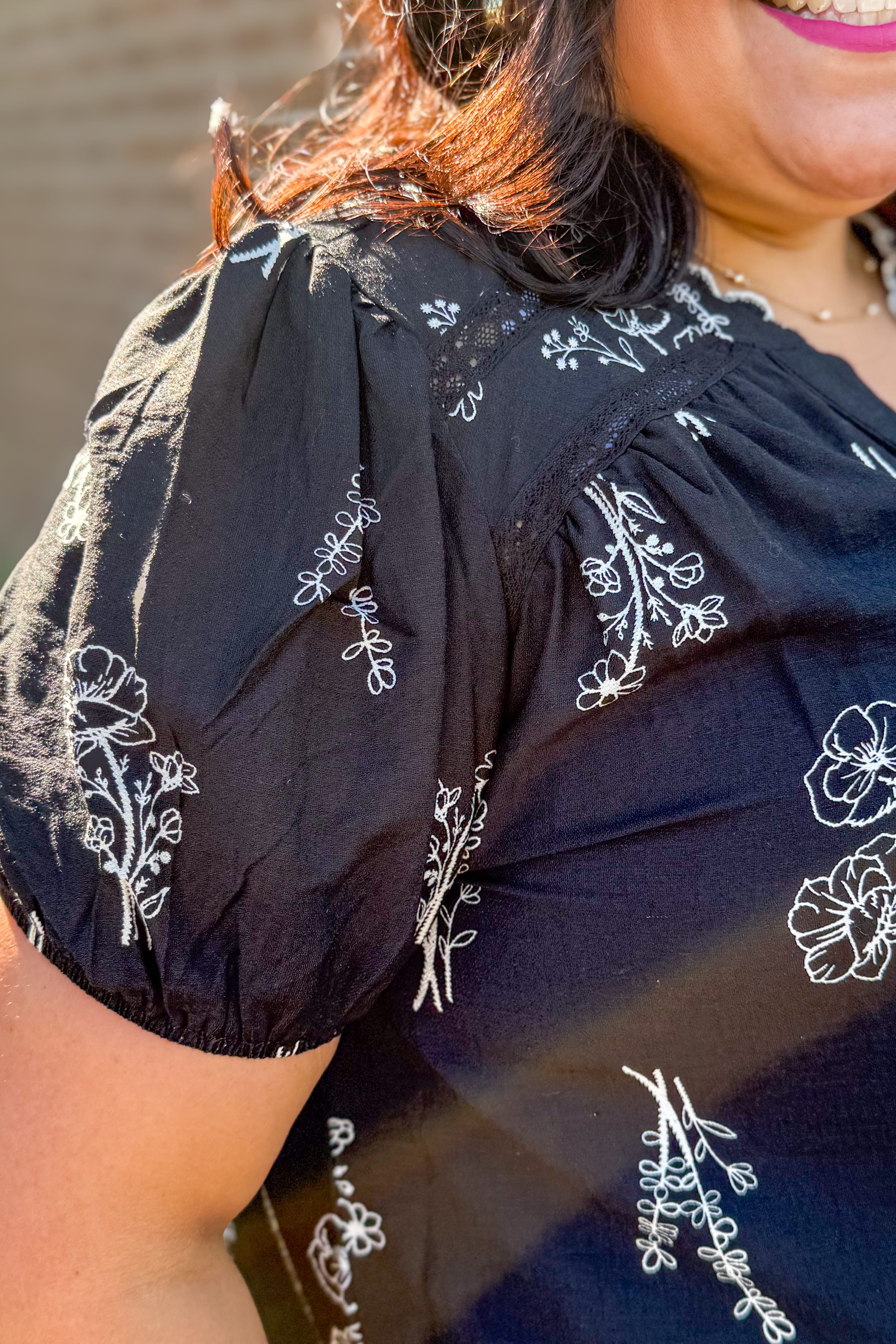 Black Floral Print Linen Blouse Detailed