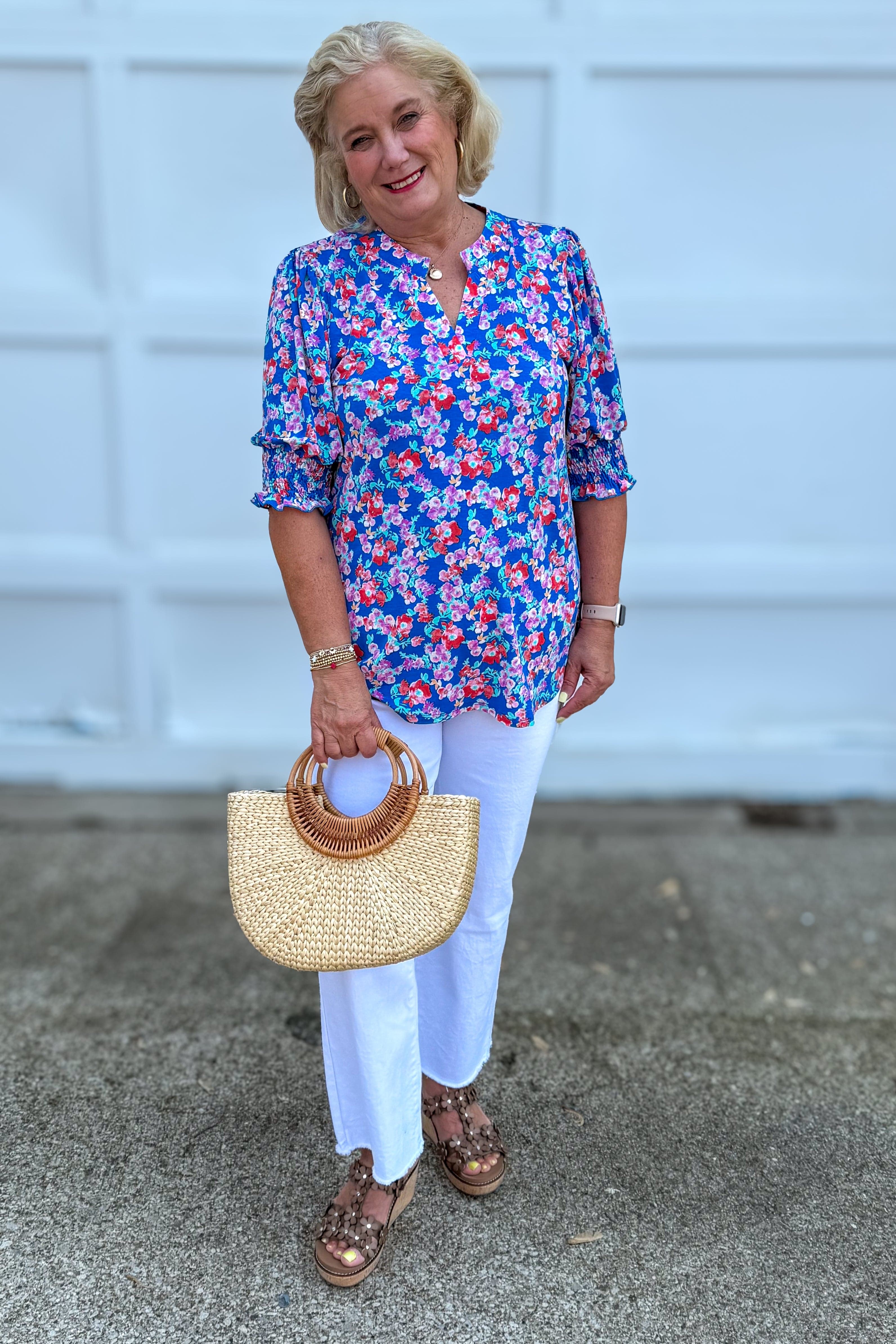 Royal Blue Floral Smocked Sleeve Top styled