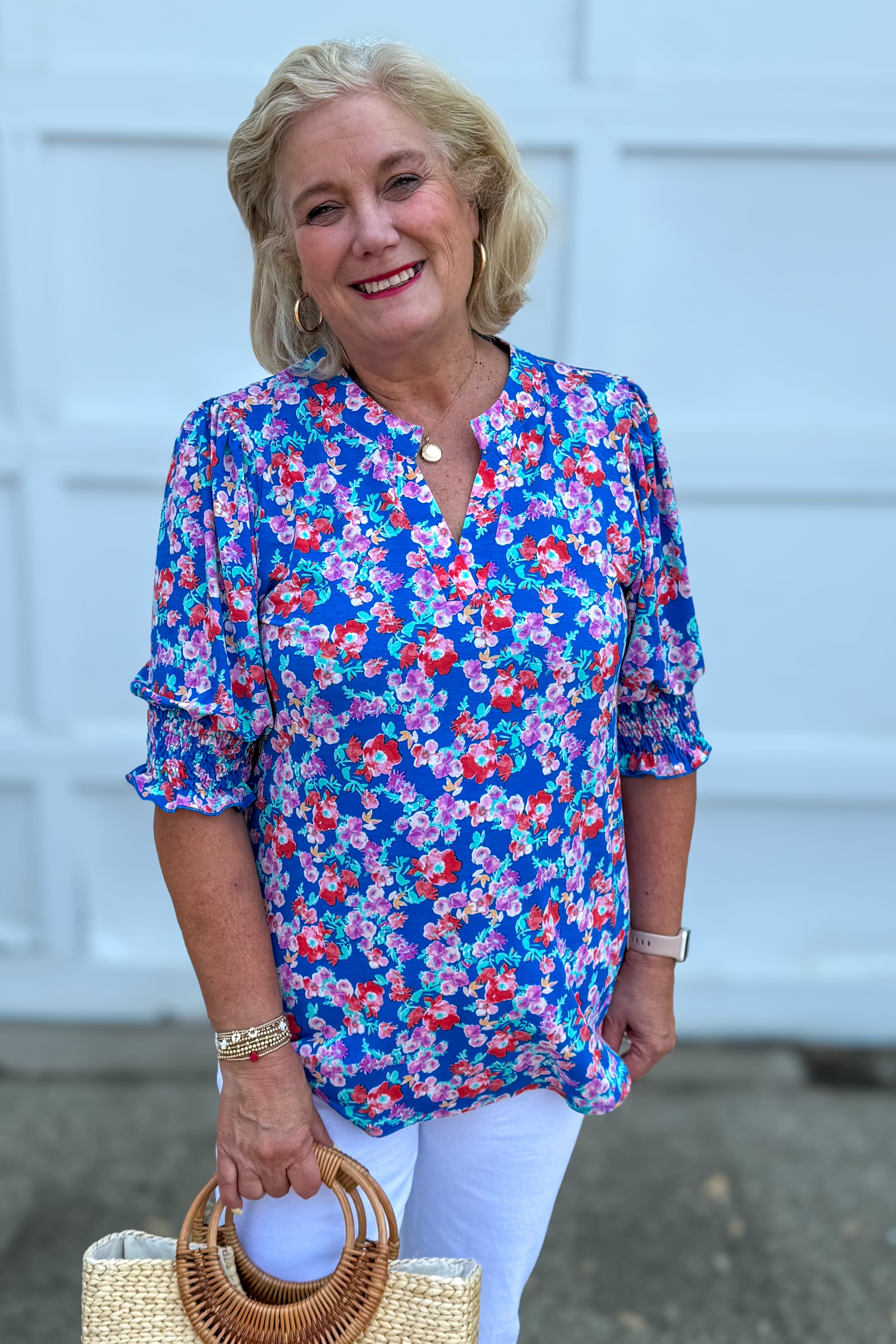 Royal Blue Floral Smocked Sleeve Top