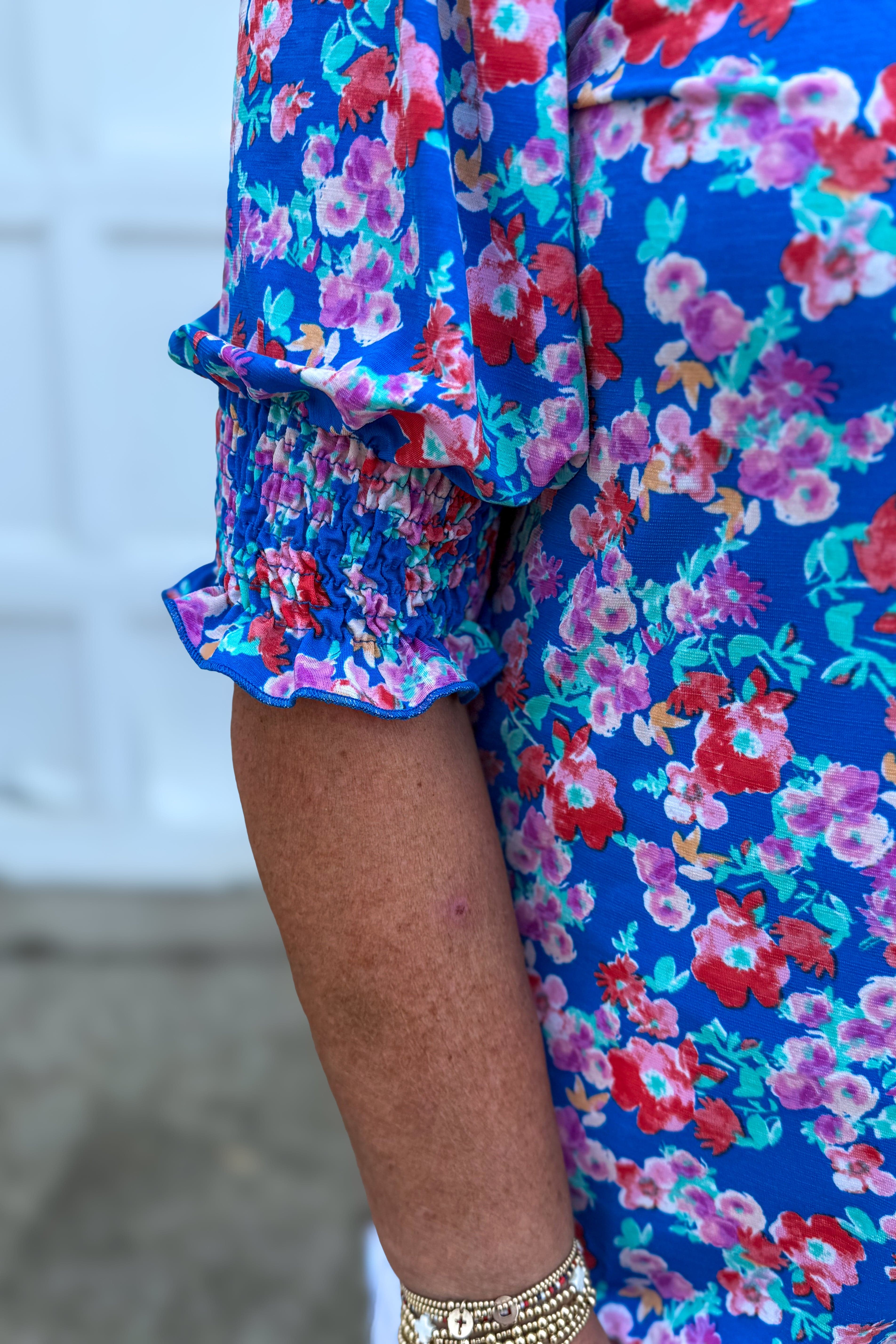 Royal Blue Floral Smocked Sleeve Top detail