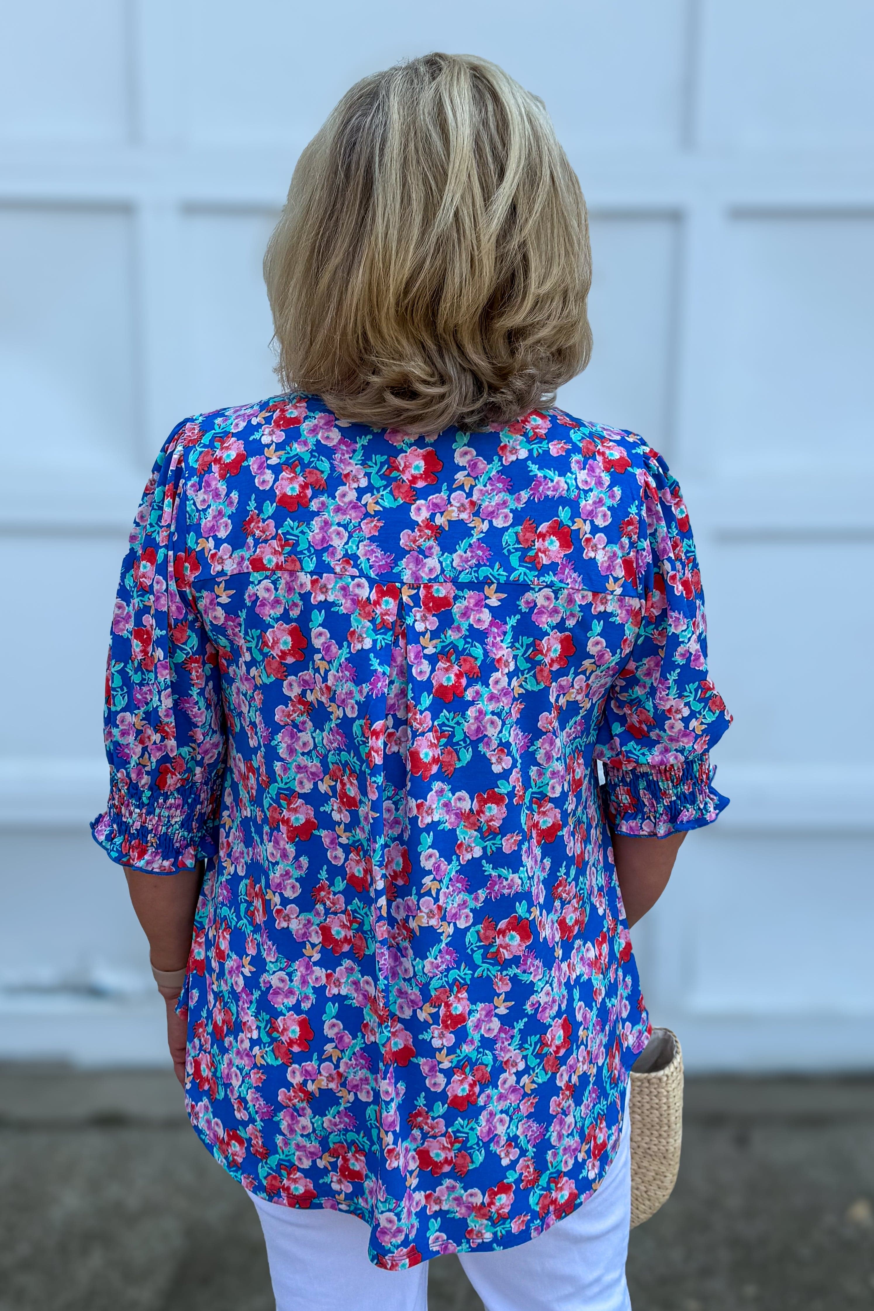Royal Blue Floral Smocked Sleeve Top back